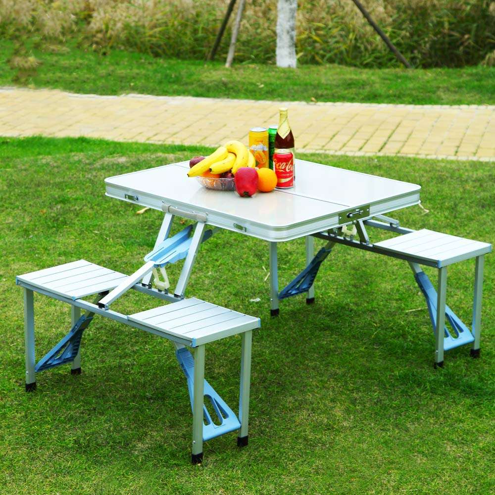 BLUE SPACE Aluminium Alloy Outdoor Camping Picnic Table, Integrated Folding Table with Umbrella and Inbuilt 4 Chair Set, Dining Table for Home & Outdoor 3