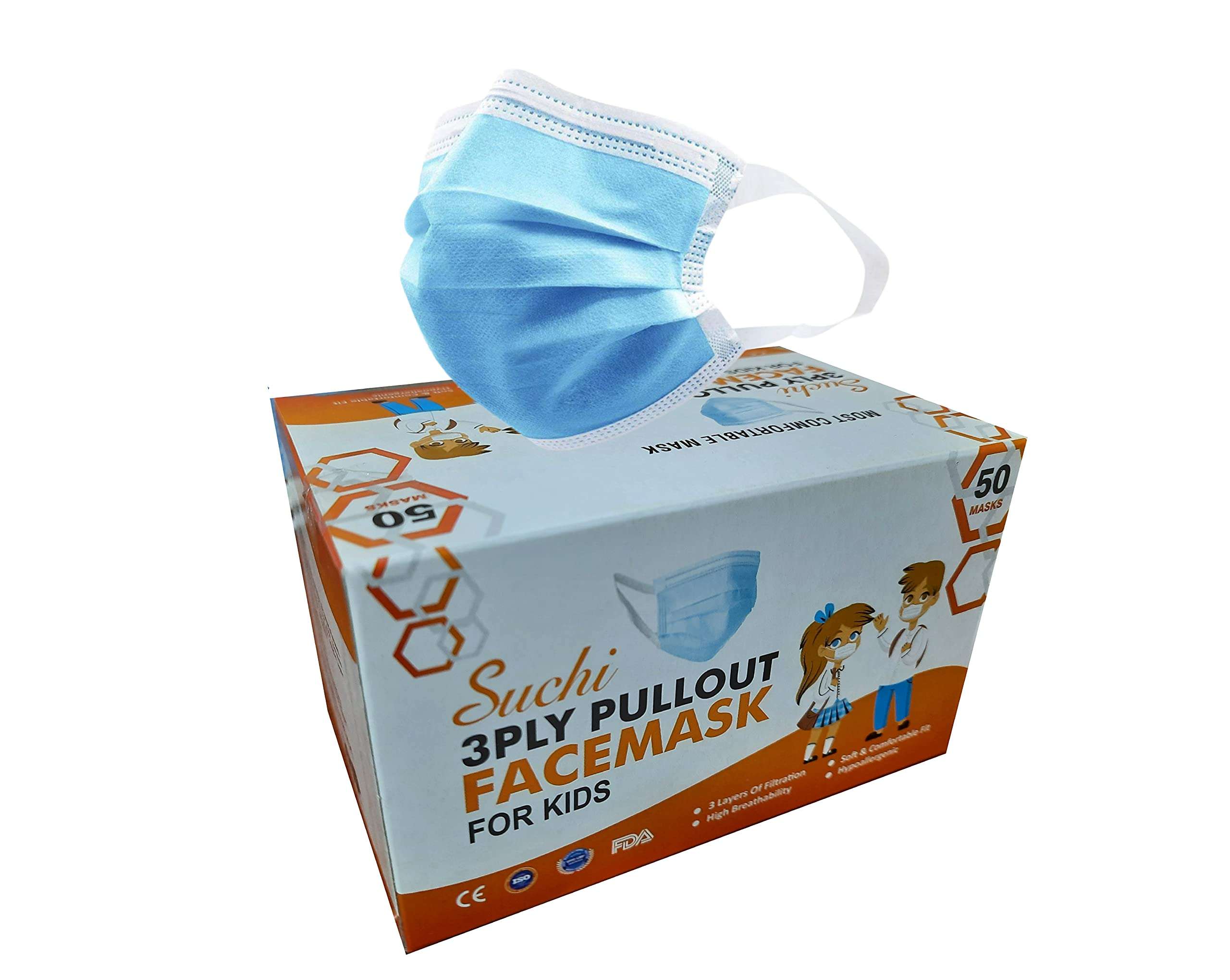 chi 3 Ply Disposable Surgical Mask for Kids with Melt Blown Filter, Nose Pin and Broad Fabric Ear loop for Comfort (Blue, Pack of 50, for Boys and Girls) 4