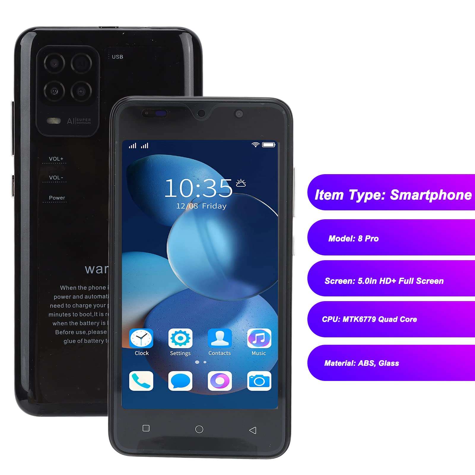 RAM 2GB Smartphone,Smartphone 8Pro Cell Phone 5in Dual Card Dual Standby RAM 2GB ROM 32GB Facial Recognition Mobile Phone for A (Black) 6