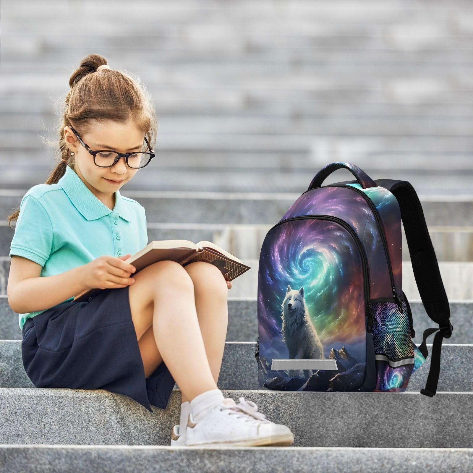Wolf Backpack for Students Boys Girls Wolf with Galaxy School Bag Travel Daypack Rucksack 5