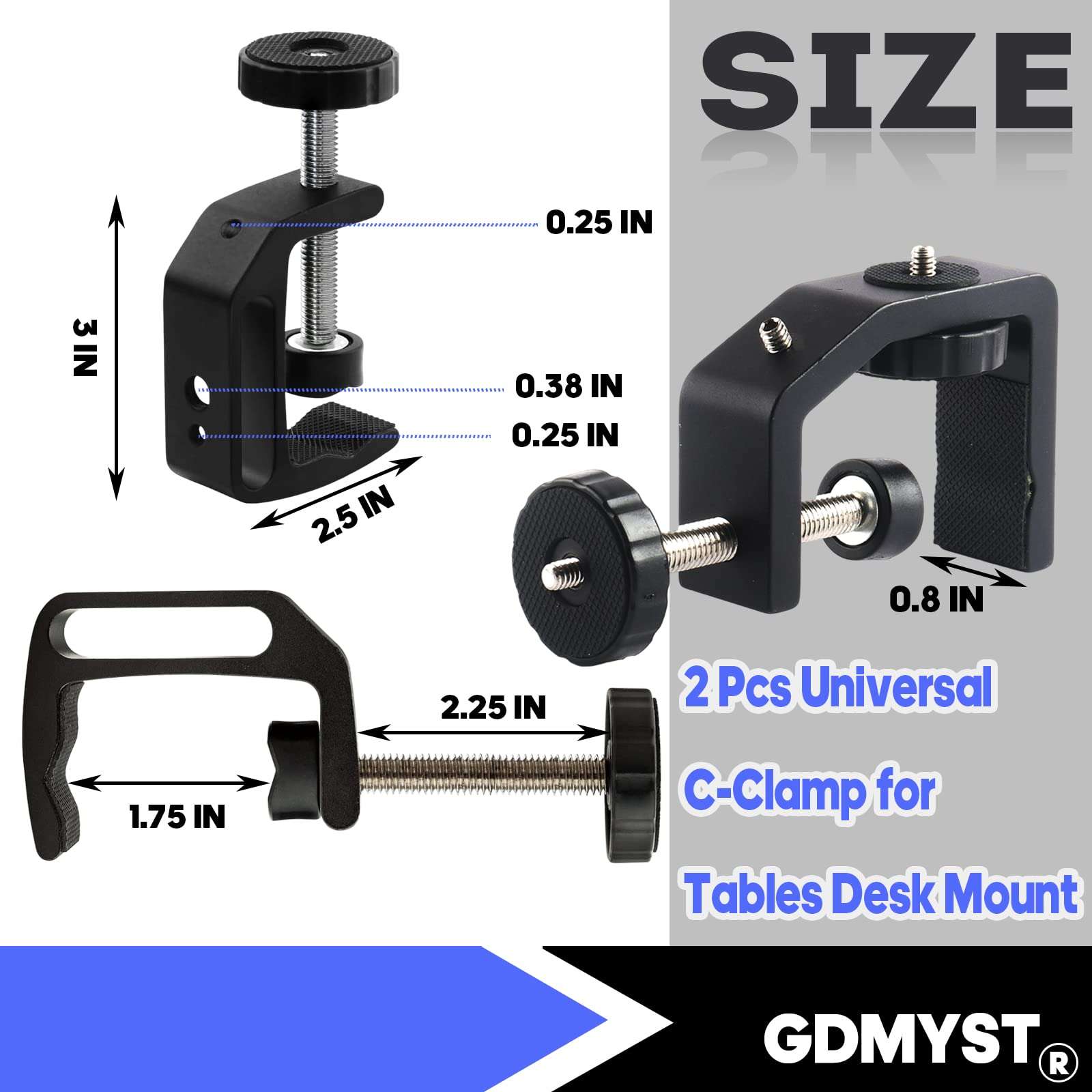 2 Pack Universal C-Clamp With 1/4" and 3/8" Thread Hole for Desktop Mount Holder LCD Monitor Flash Desks Carts Benches Worktables Microphone Mounting Equipment Photography Lights 3