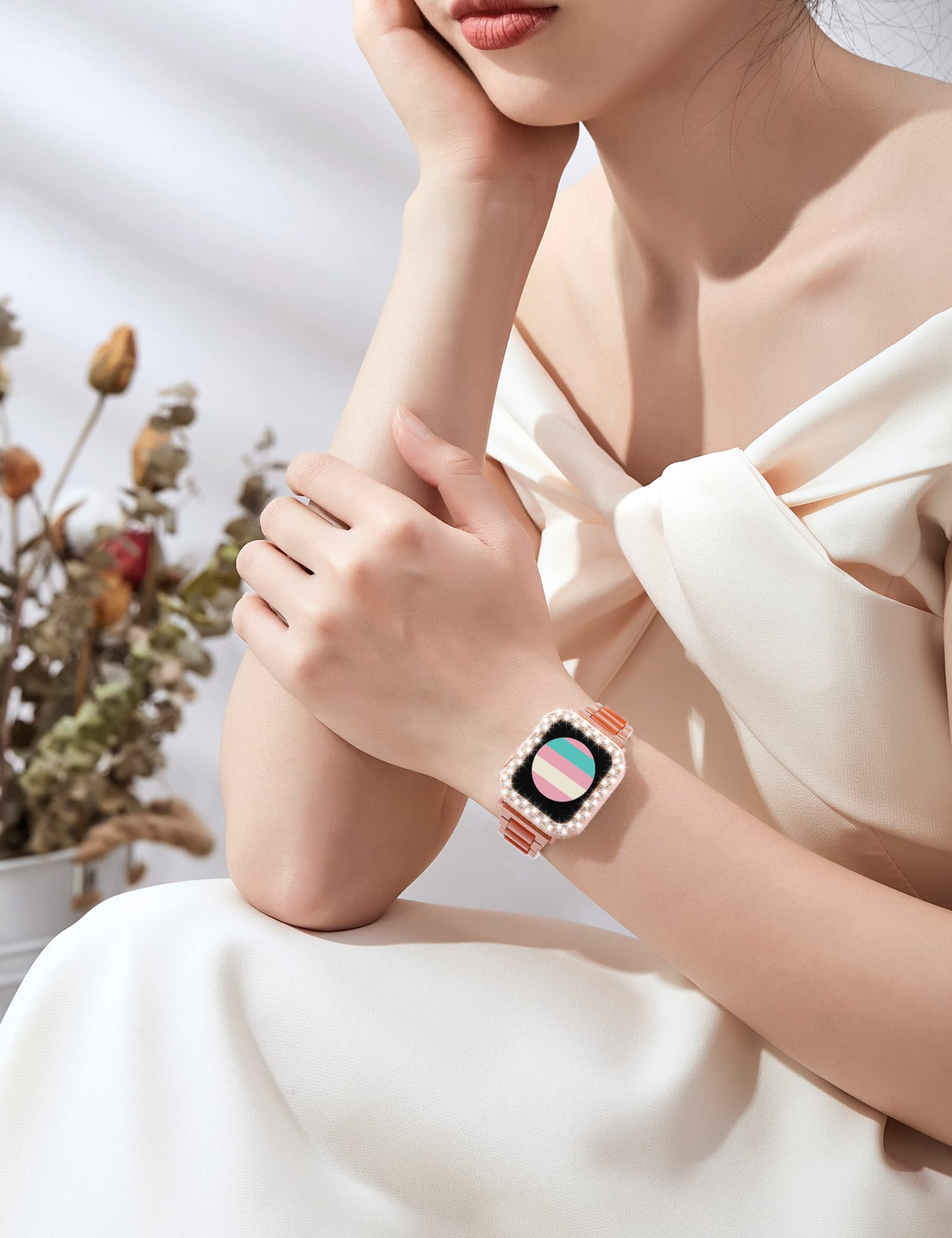 Wearlizer Compatible with Apple Watch Band 44mm/45mm with Case Upgraded Resin Metal Band Stainless Steel Buckle with Bling Crystal Rhinestone Cover for iWatch Series SE/7/6/5/4(Gold+Gold) 6