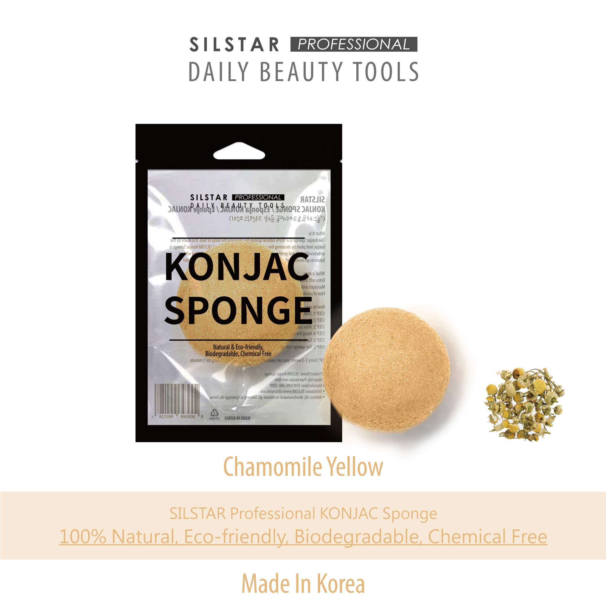 SILSTAR PROFESSIONAL KONJAC Sponge Facial Sponge Bath Sponge Amazing Cleansing for Dry OR Mature Skin - Chamomile Yellow 3