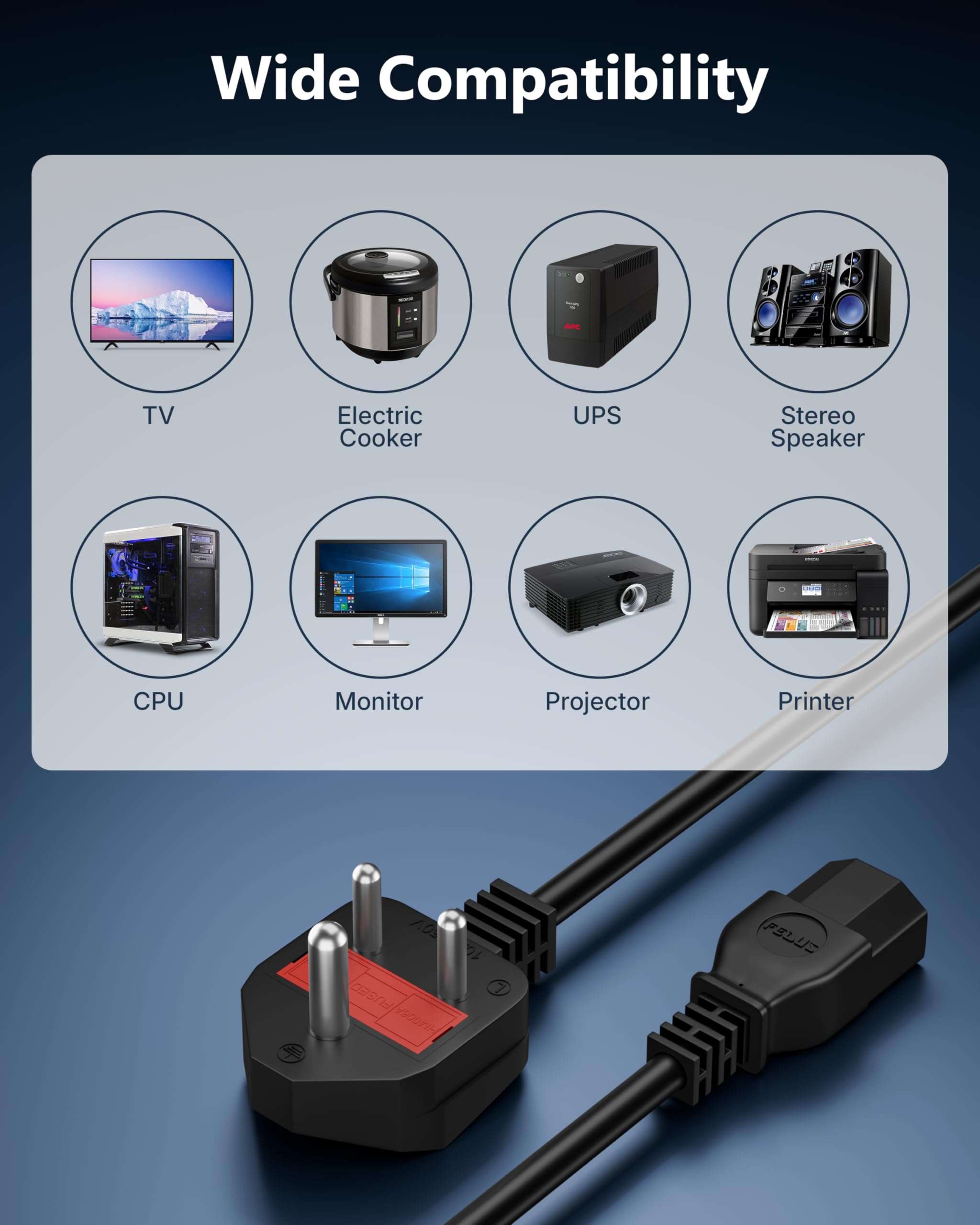 FEDUS 1.8 Meter Desktop PC Computer Power Cord with Protection Fuse, 2500 Watt IEC C13 Power Cable for Gaming pc, 3 Pin Ac Wire Lead for SMPS Power Supply, Monitor, Printer, Electric Kettle, TV 5