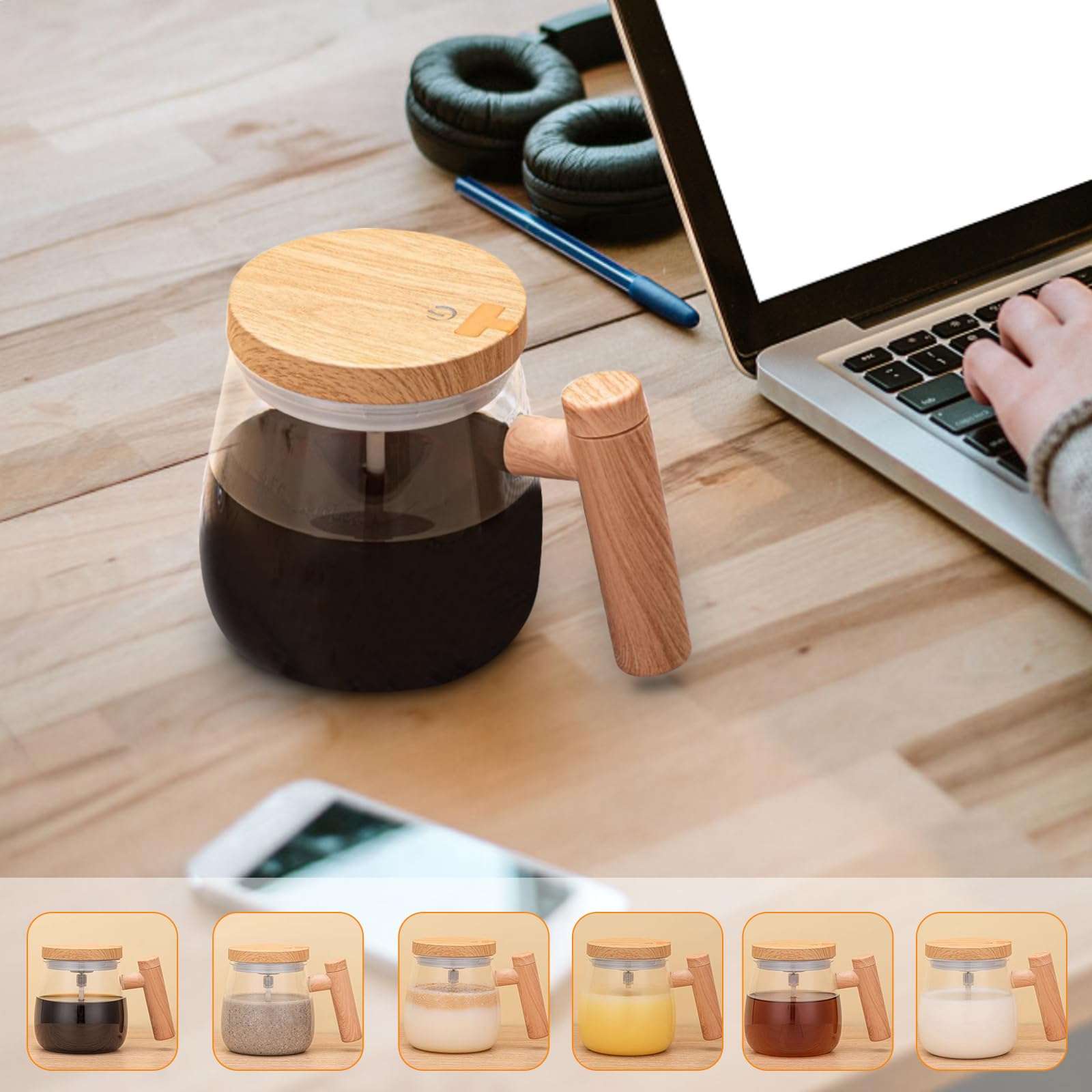 VEREMUND Self Stirring Mug, Rechargeable Self Stirring Coffee Mug, Glass Electric High Speed Mixing Cup, 400ML USB Charging Auto Mixing Cup to Stir Coffee/Milk/Protein Powder at Desk 4