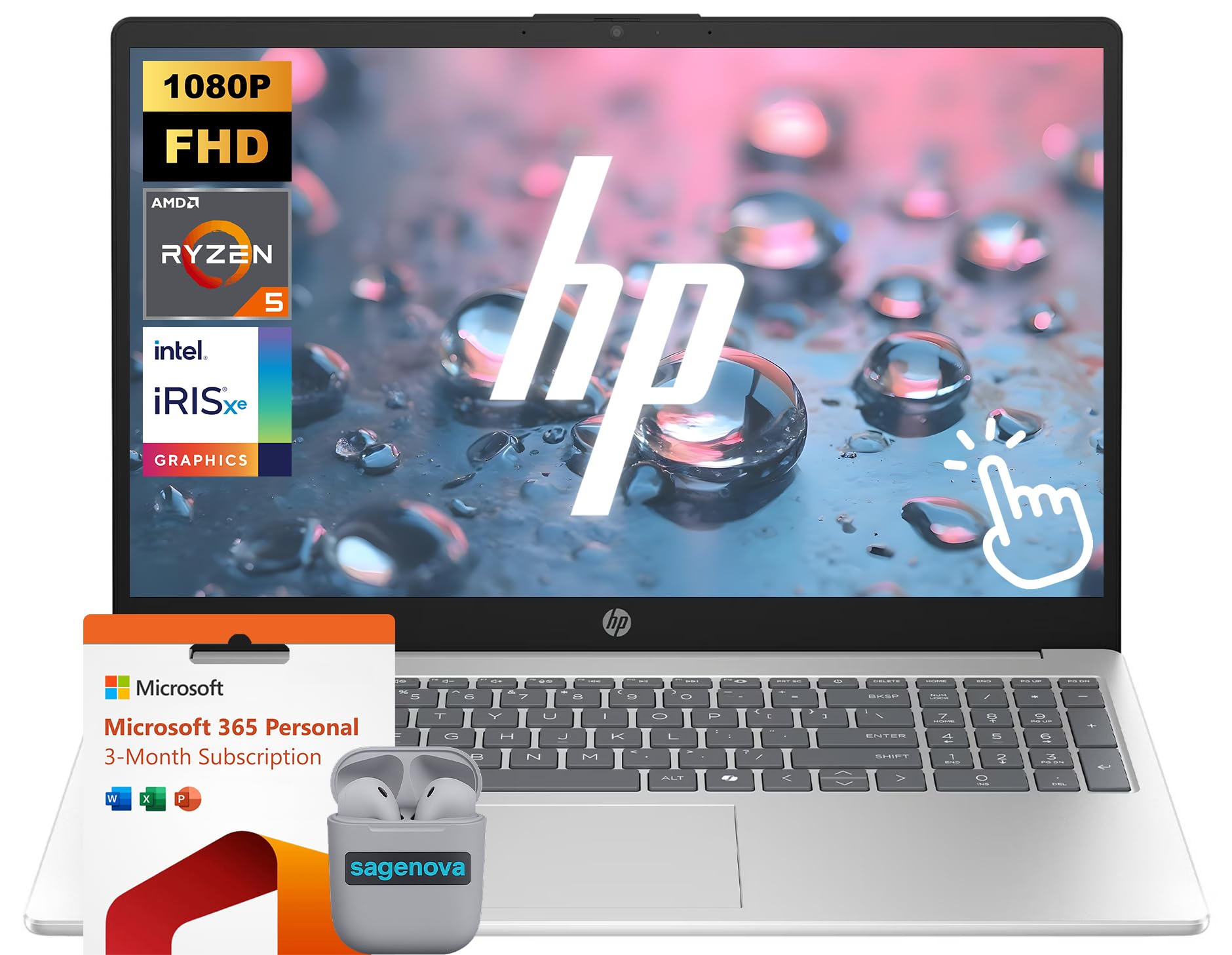 HP 15.6" Touchscreen Laptop with Microsoft 365 & Copilot AI, 8GB RAM 512GB SSD, AMD Ryzen 5, FHD 1920 x 1080 IPS Display, Windows 11 Home, SageNova Earphones, Natural Silver