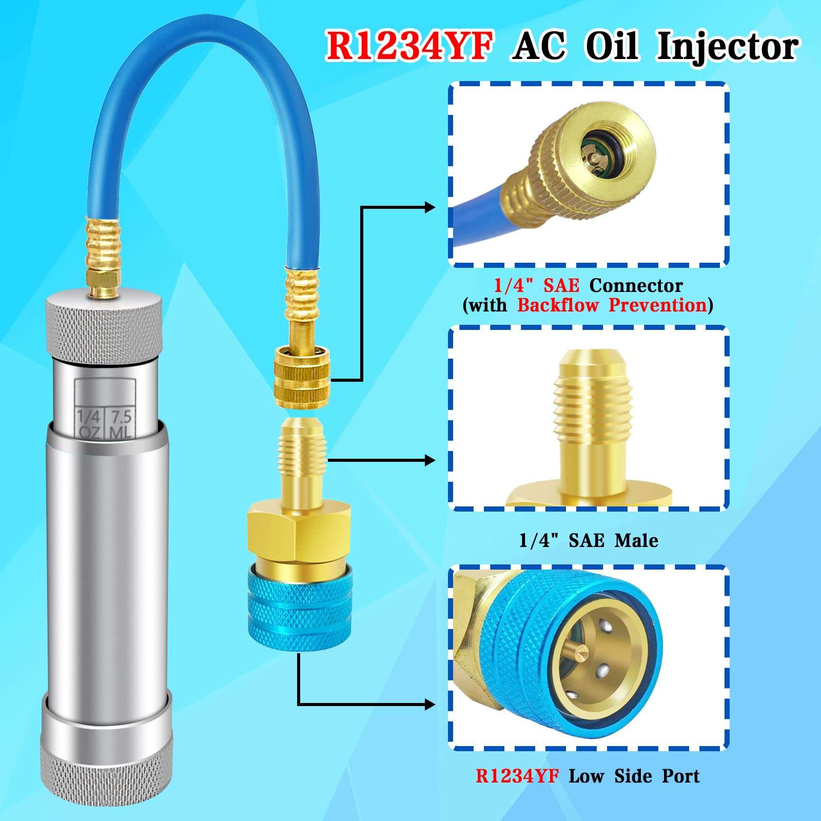 AC Oil Injector for R1234YF, R134A, R410A, HVAC Dye Oil Injector with 1/4" SAE Connector, 2 OZ Refrigerant Hand Turn AC Oil Injector Tool, for R1234YF R134A R410A Refrigerant System 2