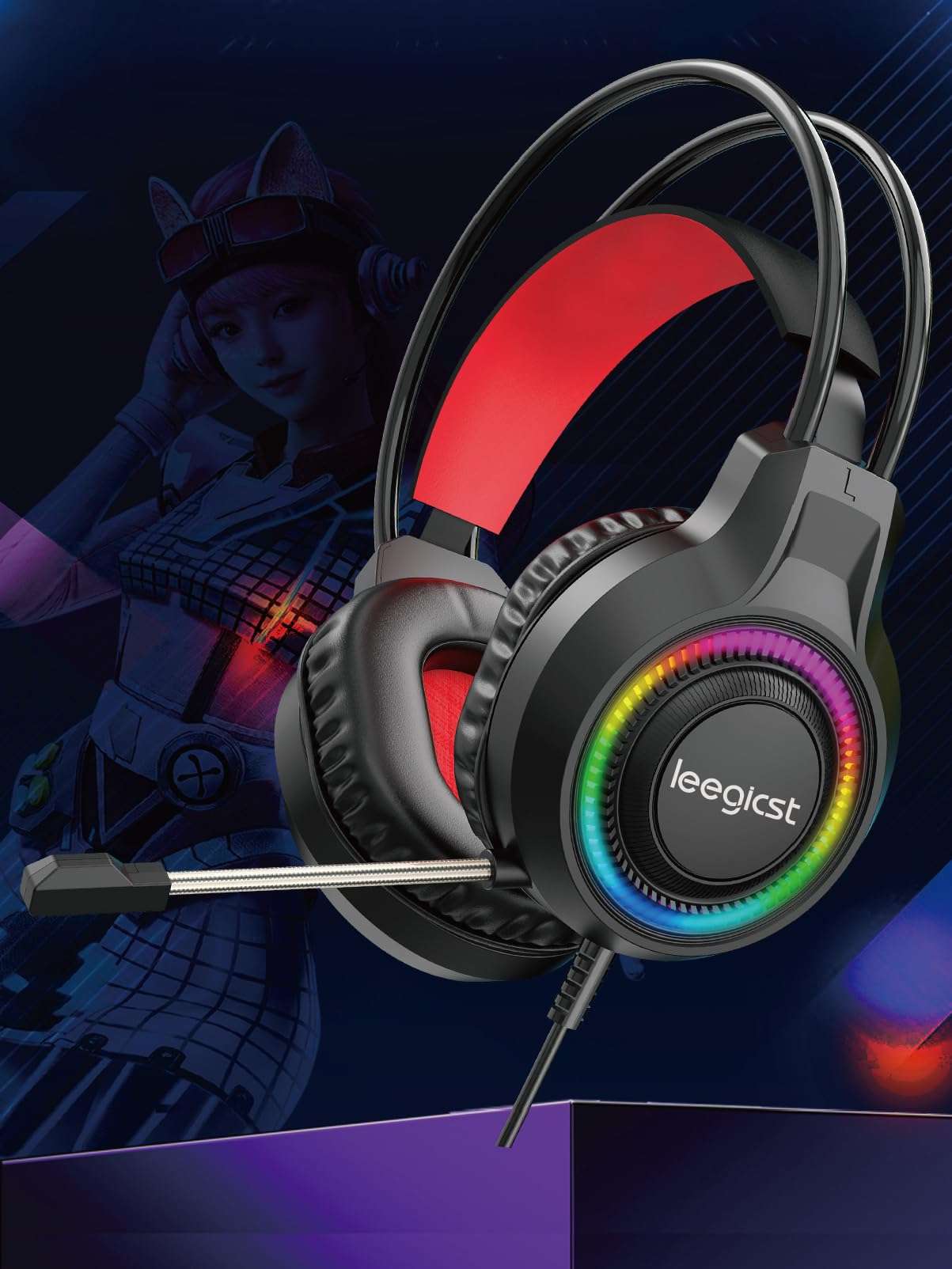 leegicst Stereo Sound Gaming Headset, Over Ear Bass Surround Sound Gaming Headphones with LED Light, Microphone, Compatible with PS4 PS5 Xbox One PC 3