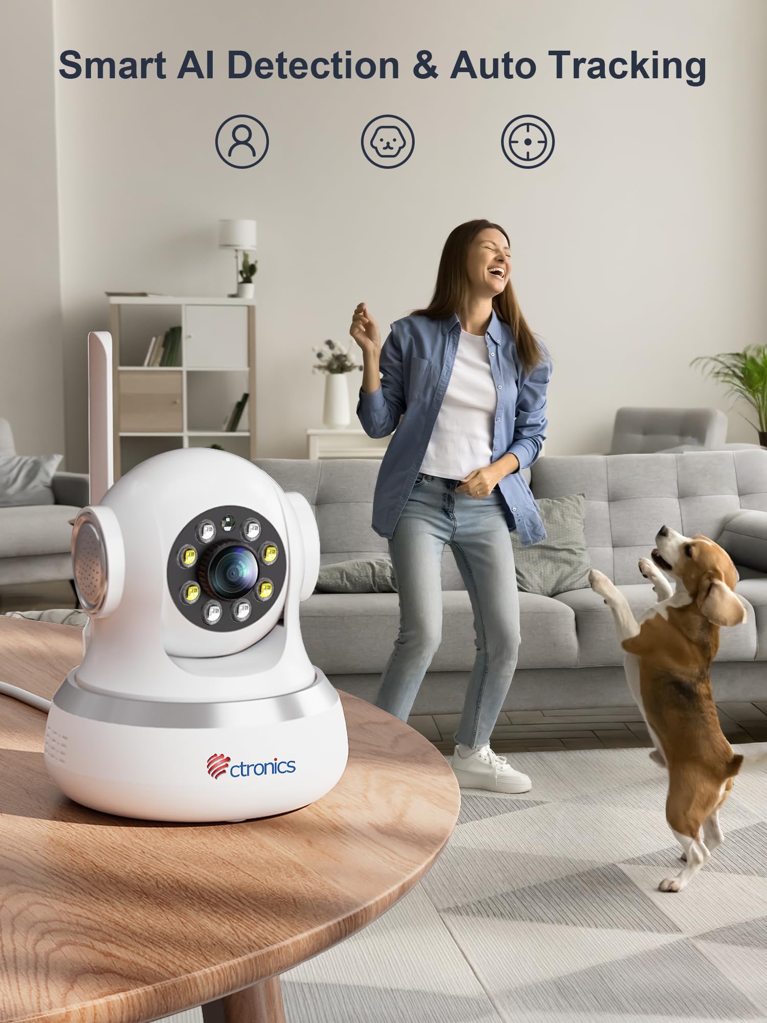 Ctronics 4K Security Camera Indoor, Dual-Band Wi-Fi, AI Human/Pet Detection with Auto Tracking, 20m Full-Color Night Vision, Sound & Light Alarm, 8 Preset Positions, App & PC 4