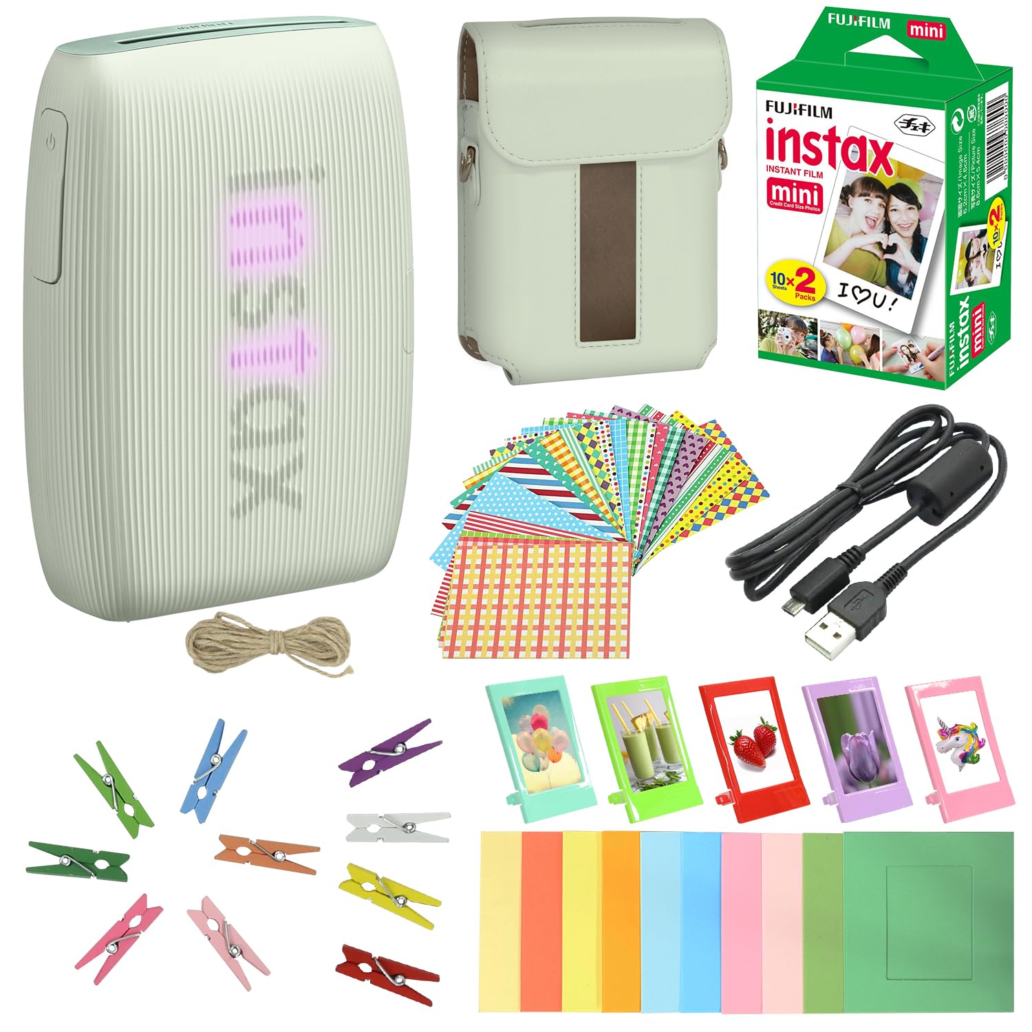 Bundle with Compatible Fuji Mini Link 3 Smartphone Printer Clay White + Fuji Film Value Pack 20 Sheets Accessories Bundle with Album + 5 Plastic Desk Frames + Paper & Sticker Frames (Sage Green)