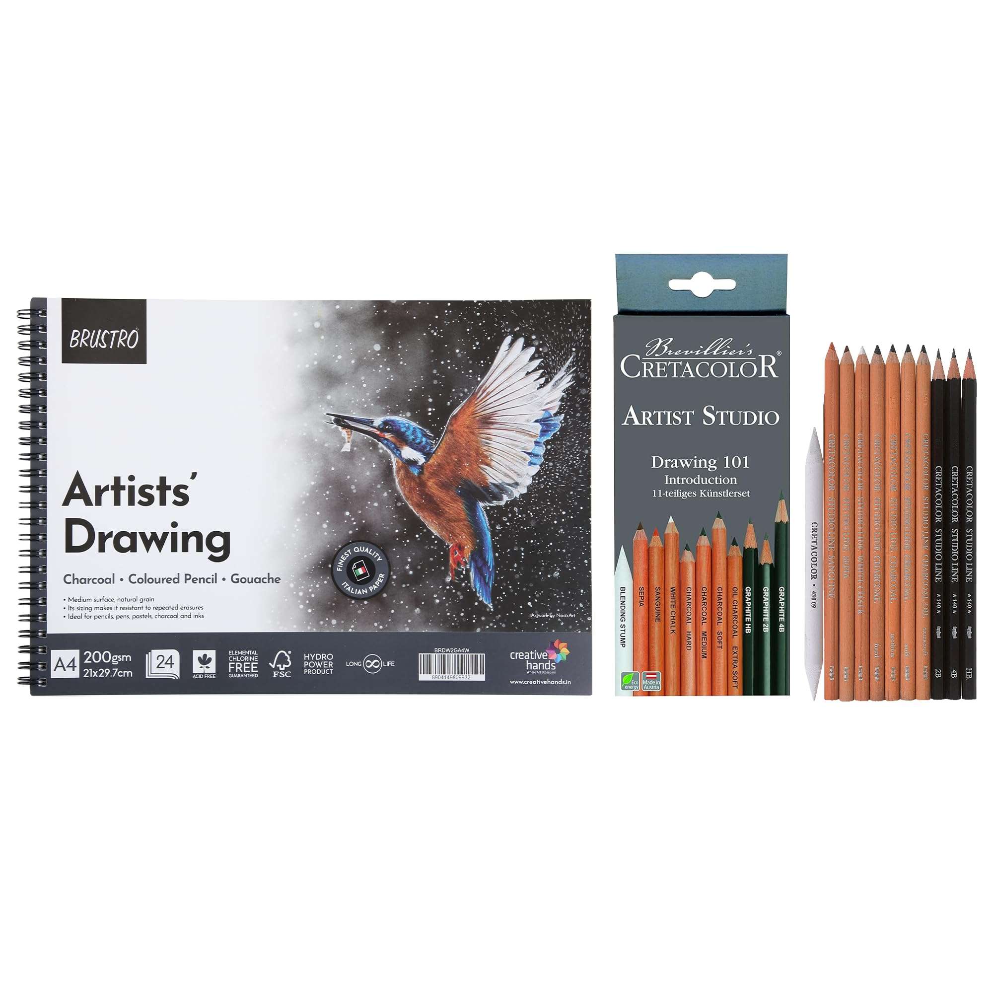 Brustro Drawing Wiro Paper Pad (A4,200 GSM,24 Sheets) with Cretacolor Artists Studio Line Drawing 101 Introduction (Set of 11,White)|Ideal for Painting,Sketching,Shading,Professionals 4