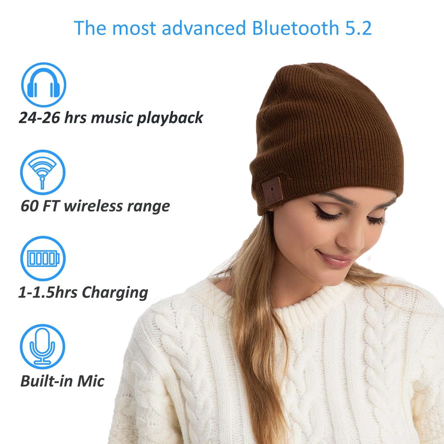 beanie Bluetooth, MUSICBEE Bluetooth V5.2 Wireless Knit Winter Cap, 24 Hour Play time, Built-in Microphone and HD Stereo Speakers(Black 3