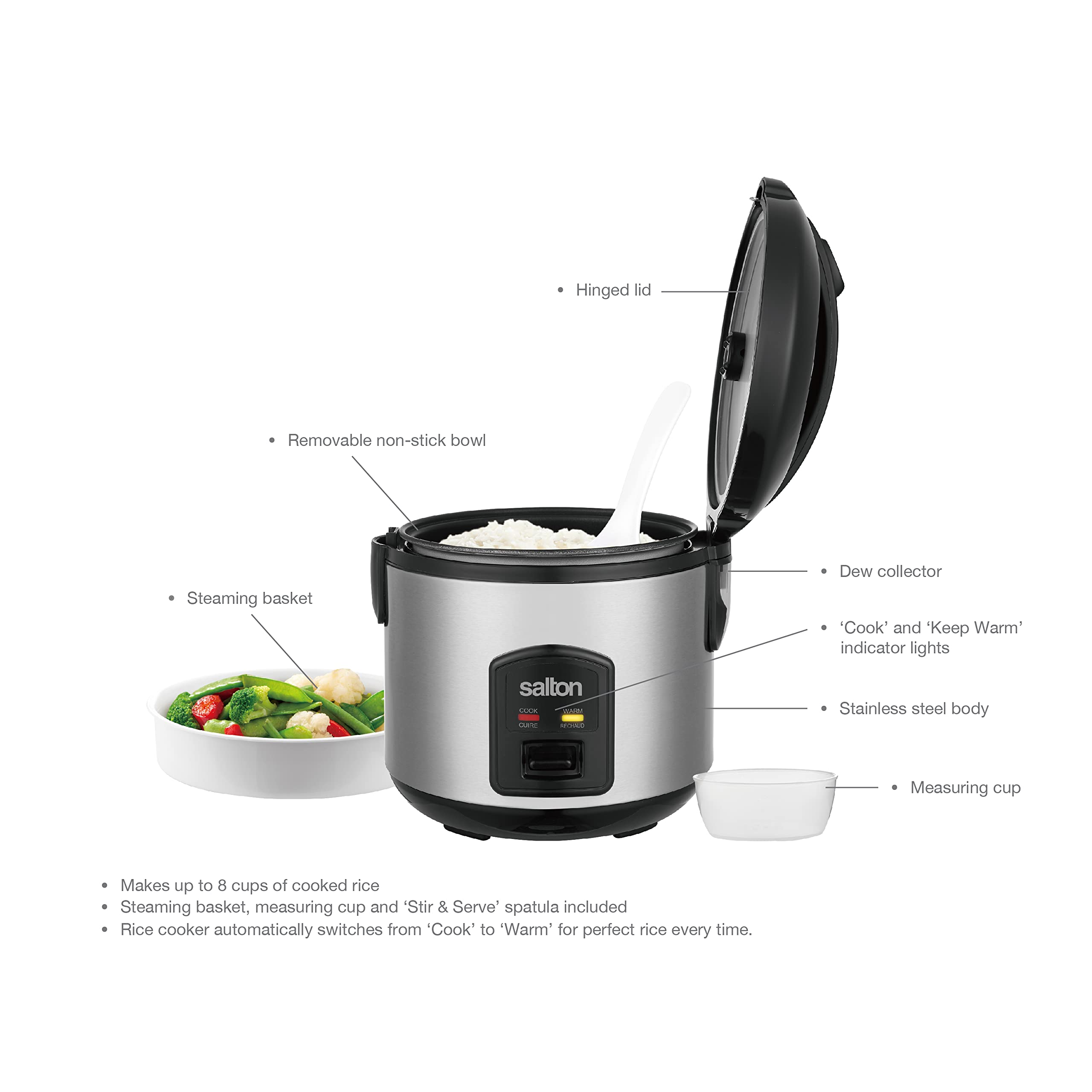 Salton 8 Cup Jar Style Automatic Rice Cooker with Food Steaming Basket, Measuring Cup & Spatula, Removable Non-Stick Cooking Bowl (RC2027) 6