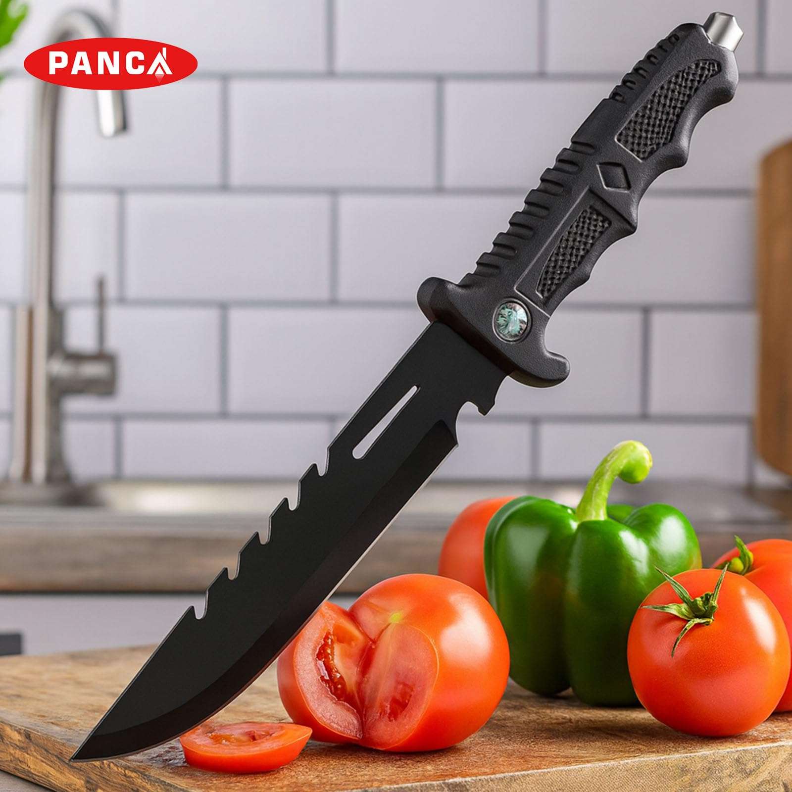 PANCA Premium Carbon Steel Kitchen Knife with Protective Cover | Sharp Utility Knife for Cutting Fruits, Vegetables & Meat | Rust-Resistant Black Culinary for Home & Kitchen Use (Set of 1) 5