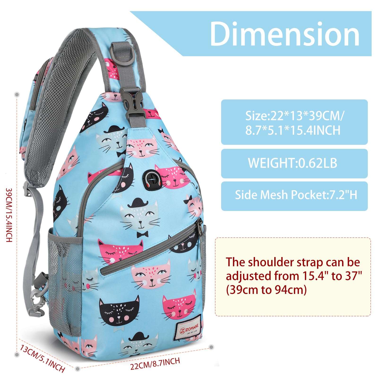 ZOMAKE Sling Bag for Women Men, Small Crossbody Sling Backpack, Mini Water Resistant Shoulder Daypack for Travel, Anti Thief Chest Bag for Hiking, Sports(Cat's Head Light Blue) 3