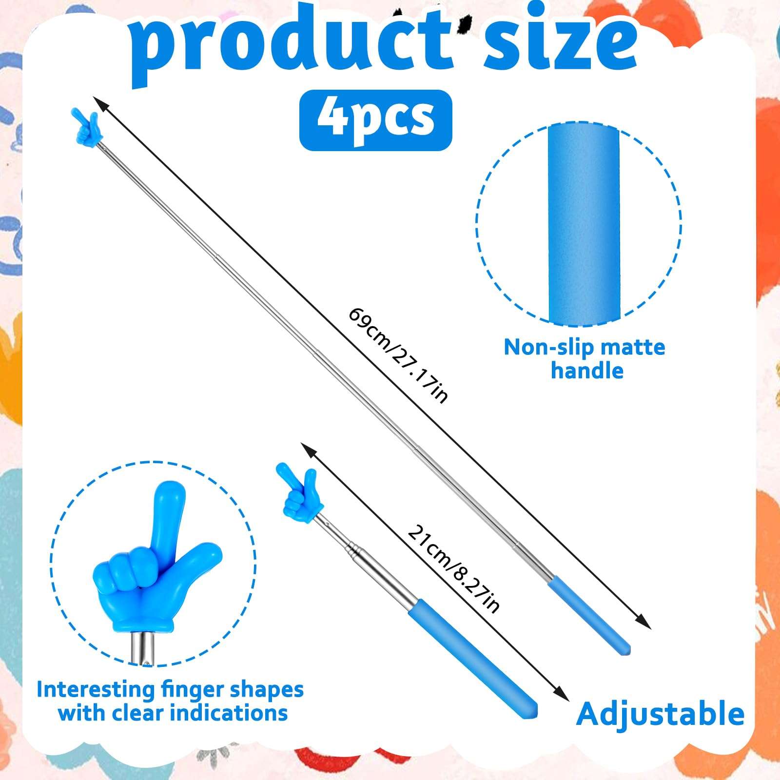 Telescopic Teachers Pointer - 5 Pcs Extendable Hand Pointer Stick, Mini Classroom Finger Pointer Stick for Elementary School Kindergarten and Teacher Supplies Interactive Learning 5 Colors 3