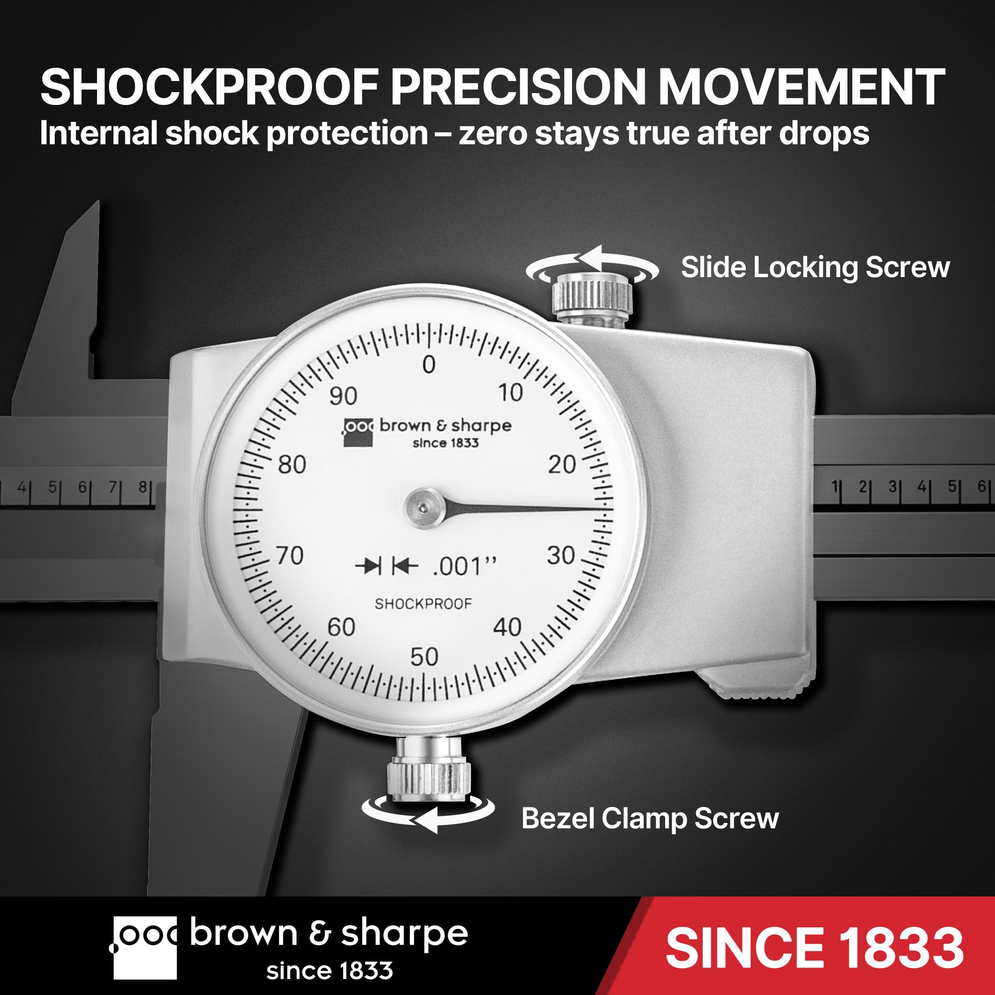 Brown & Sharpe 6-Inch Dial Caliper – Precision Stainless Steel Measuring Tool, White Dial, 0.001" Resolution, Hardened Construction, Shockproof Movement 6