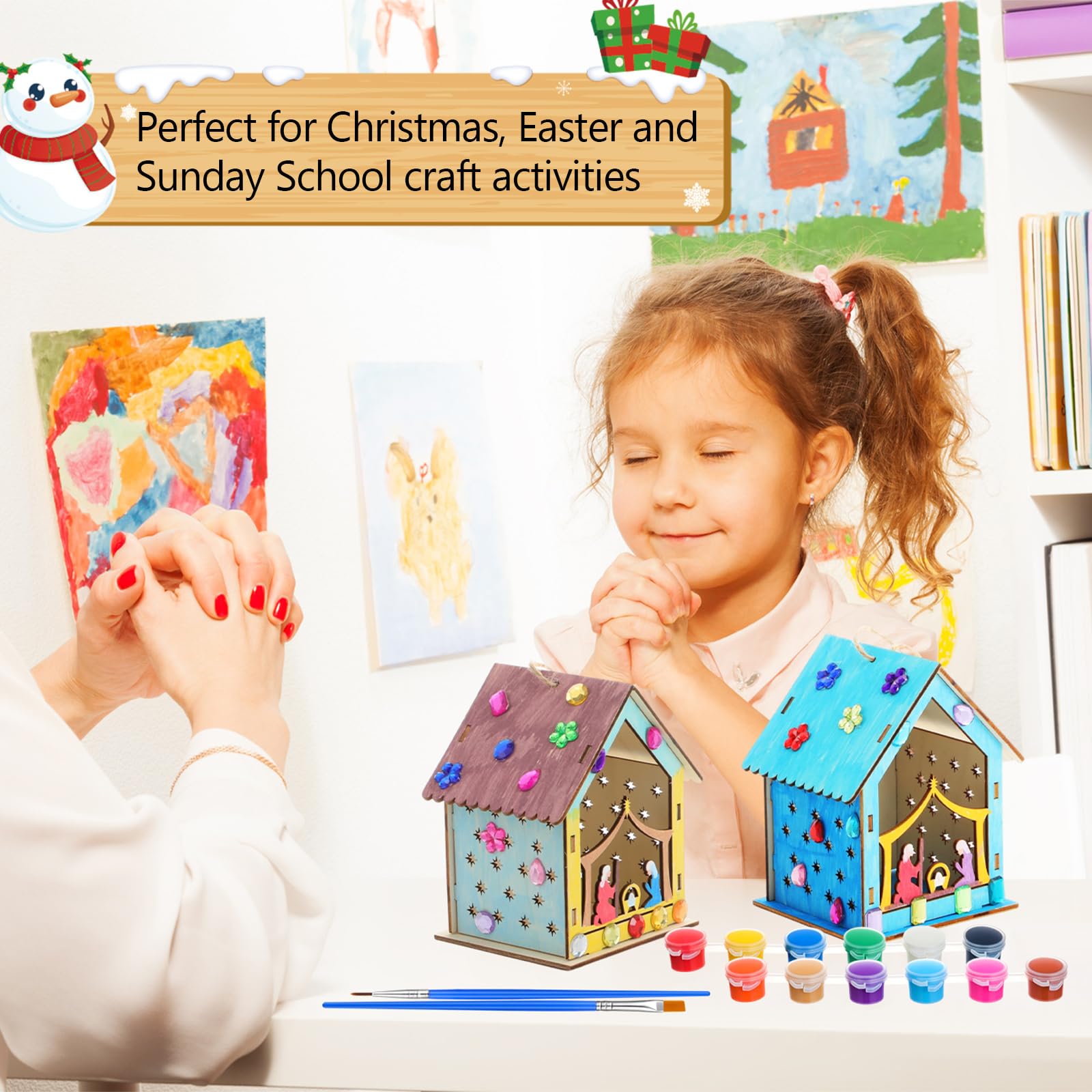 DoubleFill 12 Pcs Christmas Nativity Painting Craft Kits for Kids Make Your Own Religious Jesus House DIY Coloring Wooden Christian Nativity Craft for Classroom Art Sunday School 6