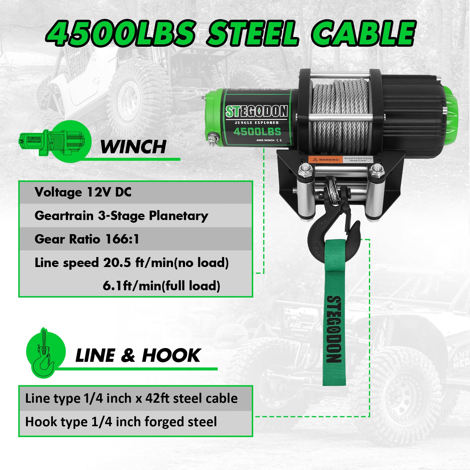 STEGODON 4500 lb Winch 12V Waterproof Electric Winch,ATV/UTV Winch with Steel Cable Winch with Wireless Remote and Roller Fairlead 5