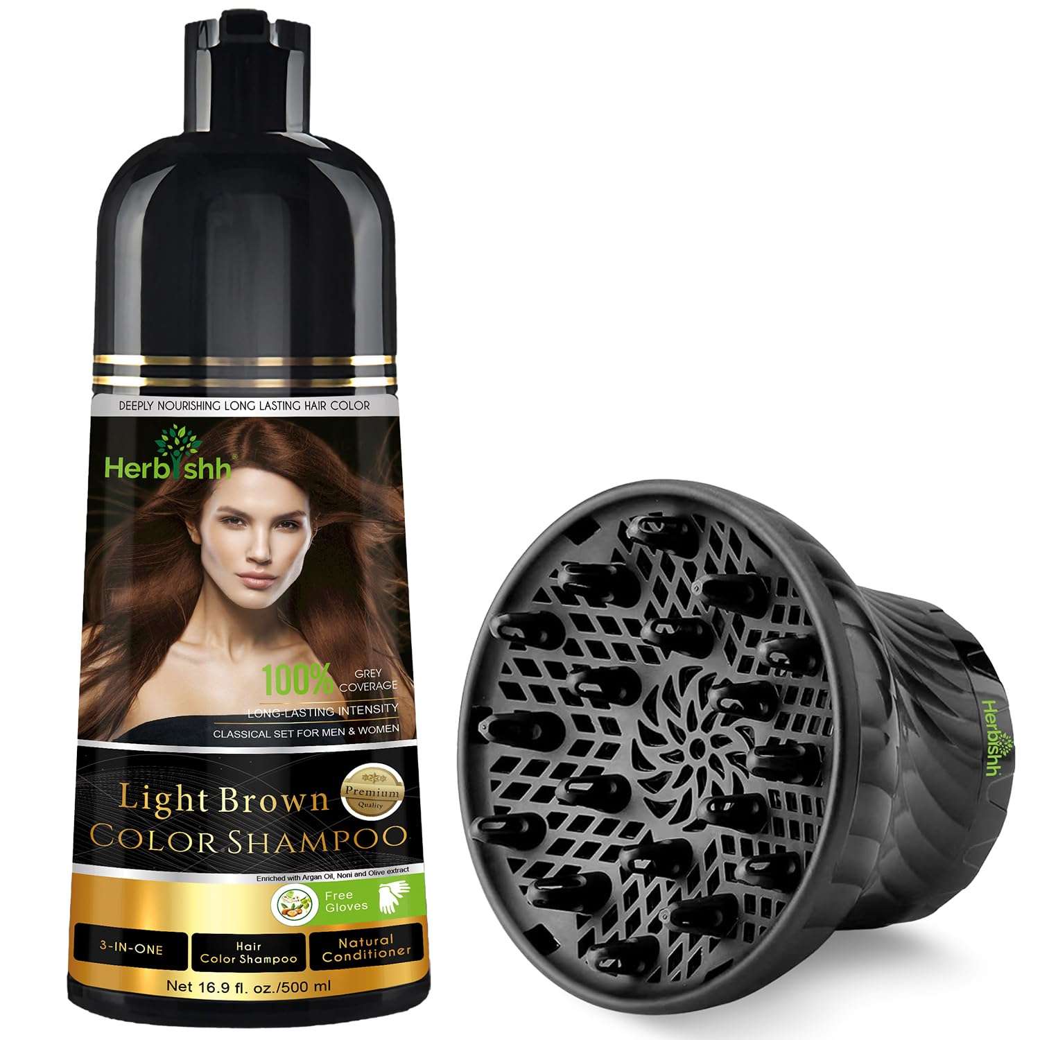 Herbishh Hair Color Shampoo Light Brown for Grey + Hair Dryer Diffuser Black Attachment for Even Heat Distribution, Universal Fit for Curly, Thick & Wavy Hair, Reduces Frizz & Adds Volume 1