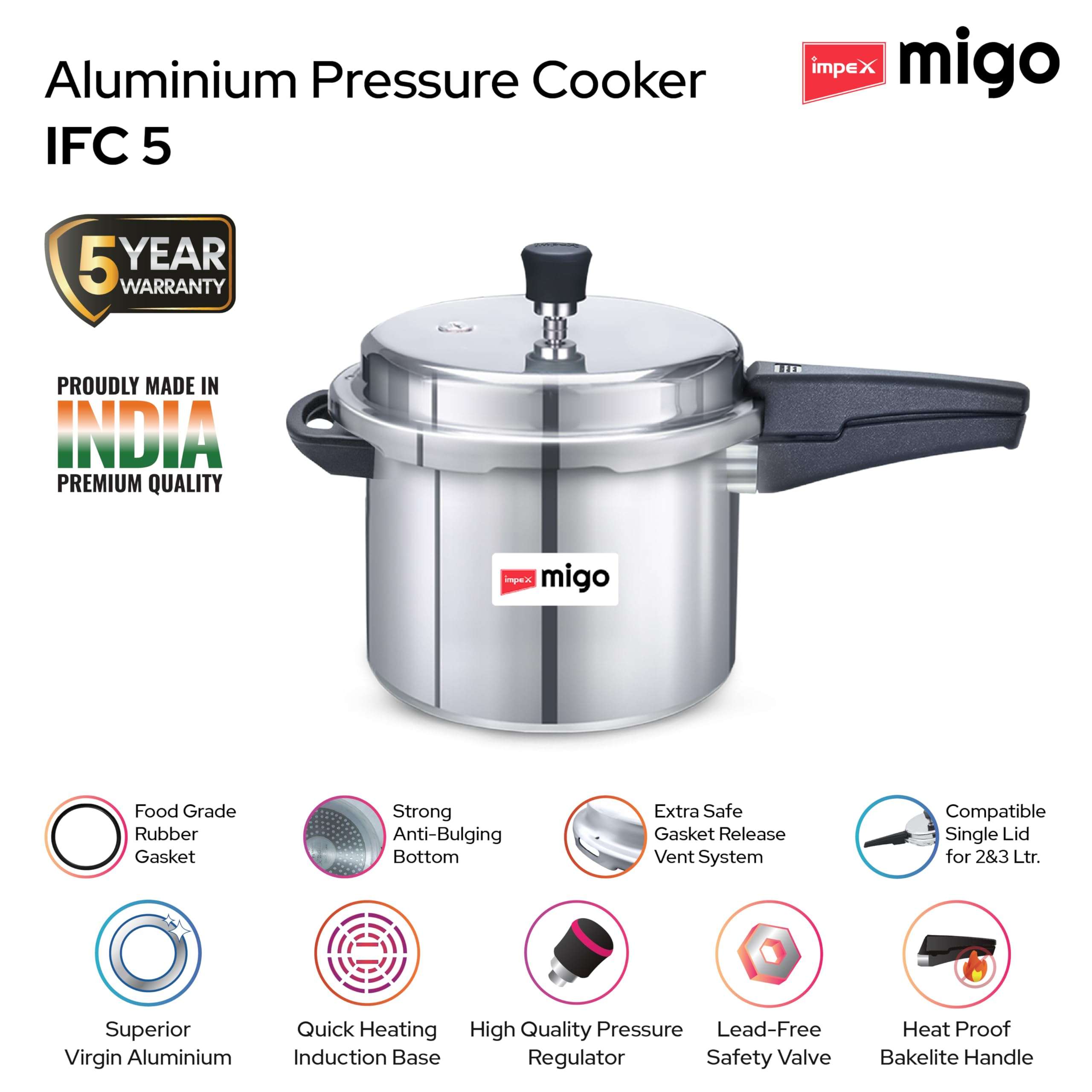 Impex 5 Litre Aluminium Pressure Cooker With Outer Lid | Induction And Gas Stove Compatible Pressure Cooker For Healthy Cooking | ISI Certified | 5 Years Warranty, Silver 4