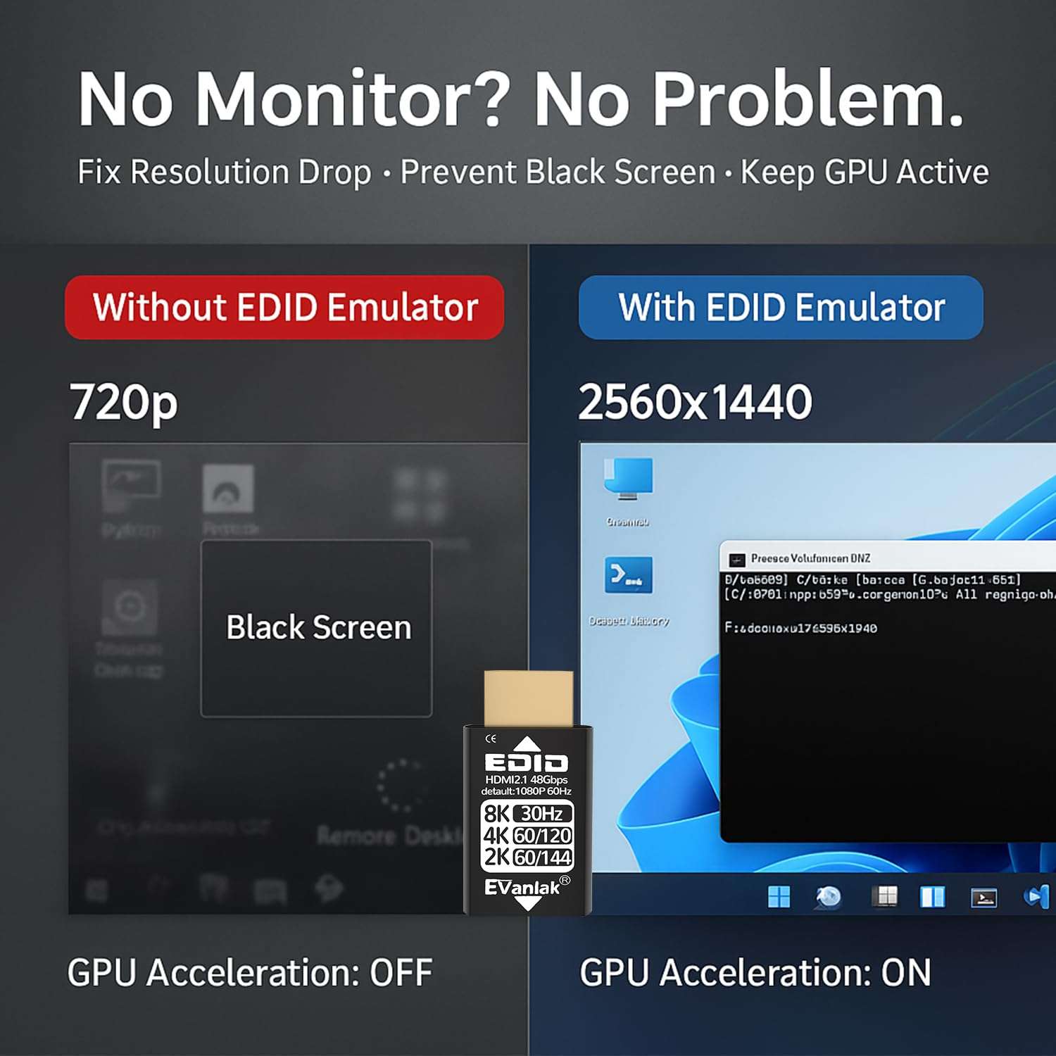 EVanlak 8K 30Hz HDMI Dummy Plug, 4K EDID Emulator Virtual Display Adapter, Headless Ghost HDMI 2.1 Emulator Supports 8K@30Hz / 4K@120Hz / 1440p@144Hz / 1080p@144Hz, Plug & Play Gold Dongle (1-Pack) 3