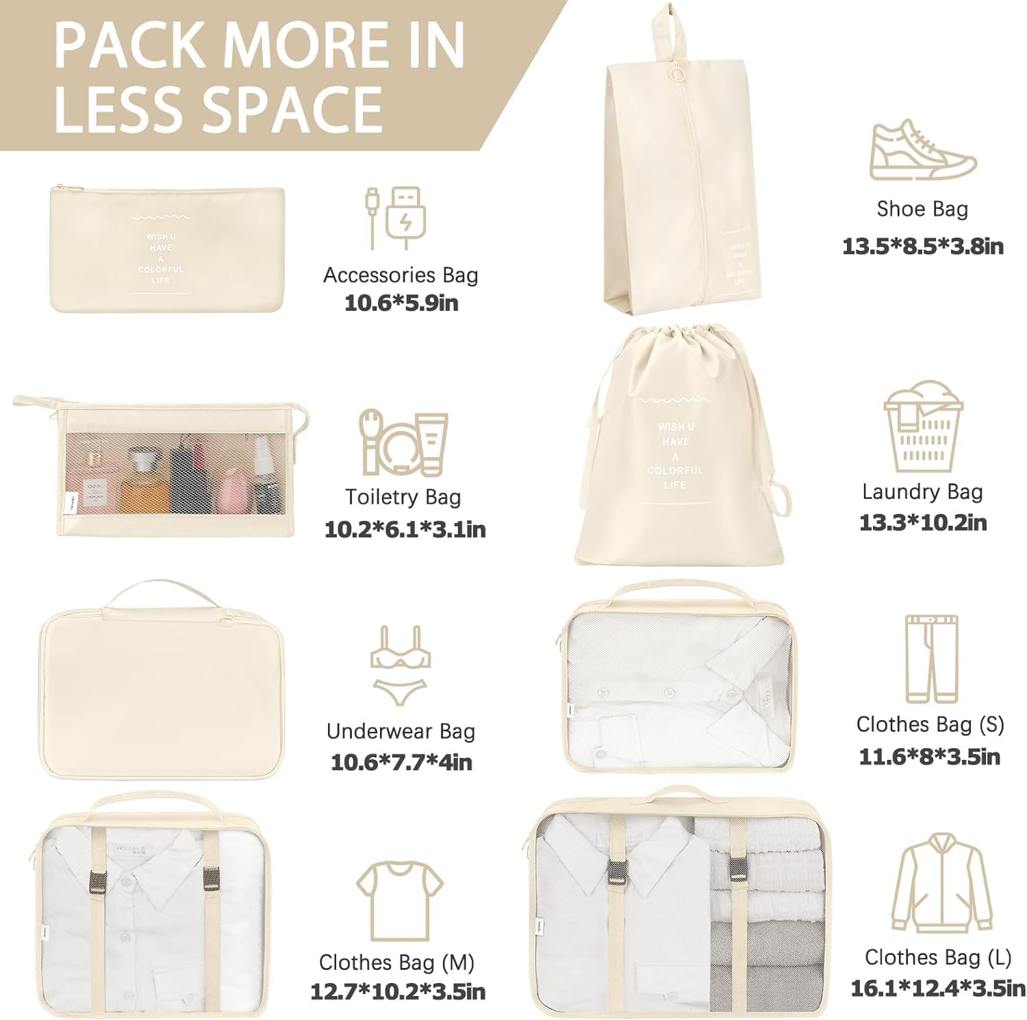 FLYNGO Nylon 8 Pcs Travel Organizer Pouch Packing Cubes For Clothes Space Savers Bags Cosmetics/Underwear/Socks/Shoes Toiletry Bag Laundry Organiser(Beige) 3