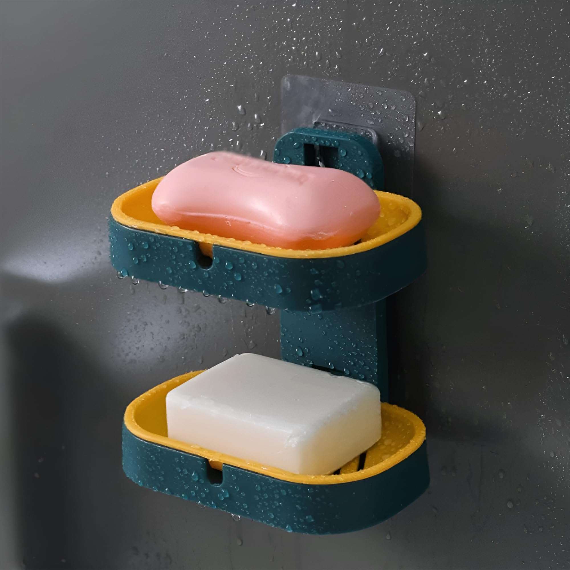 IBELL Wall Mounted Double Layer Soap Dish Holder with Drain Tray, Self Adhesive No-Drill Soap Stand for Bathroom & Kitchen | Plastic Soap Holder (10 x 15) cm 5