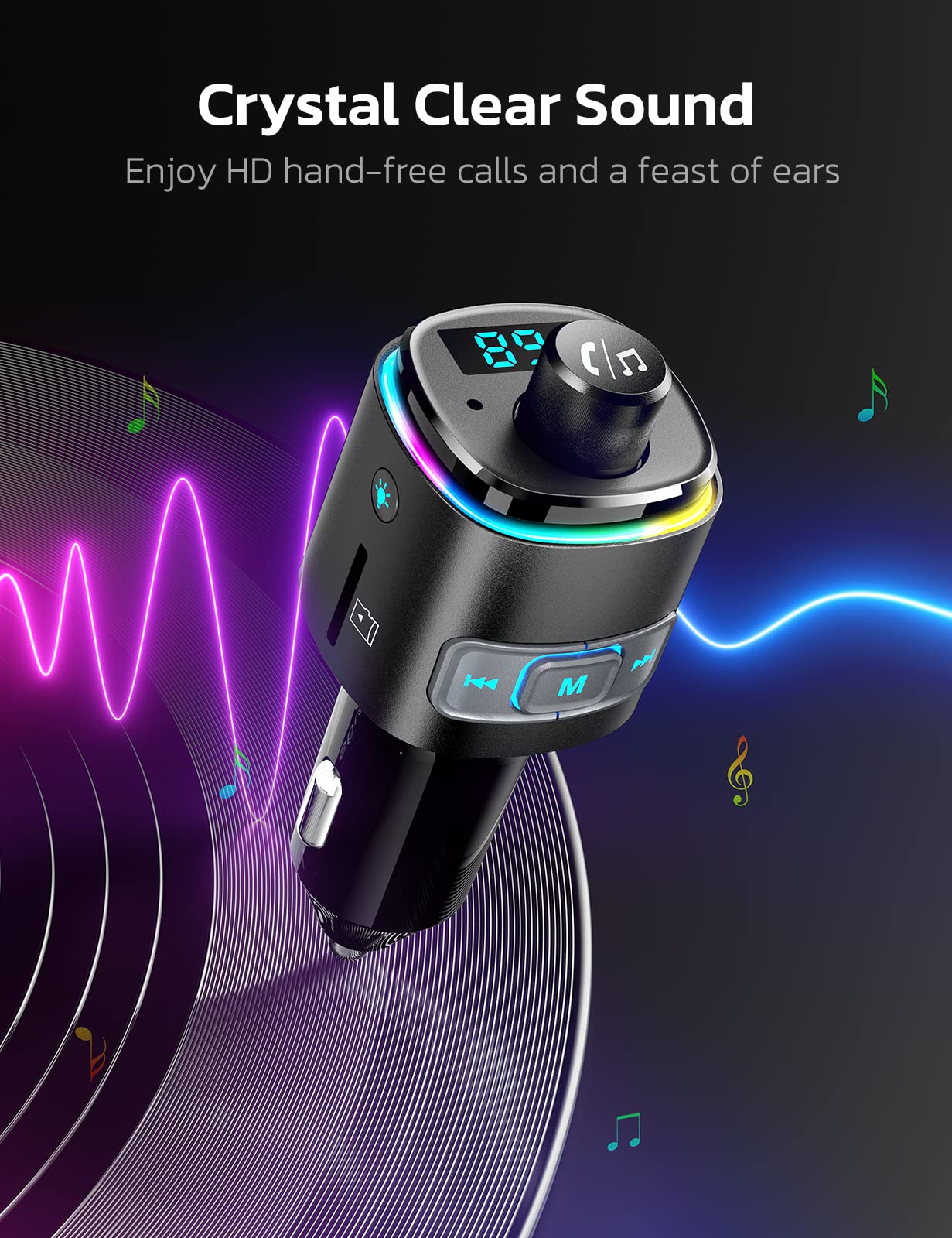 Nulaxy Bluetooth FM Transmitter for Car, 7 Color LED Backlit Bluetooth Car Adapter with QC3.0 Charging, Support Siri Google Assistant, USB Flash Drive, microSD Card, Handsfree Car Kit - NX09 Silver 5