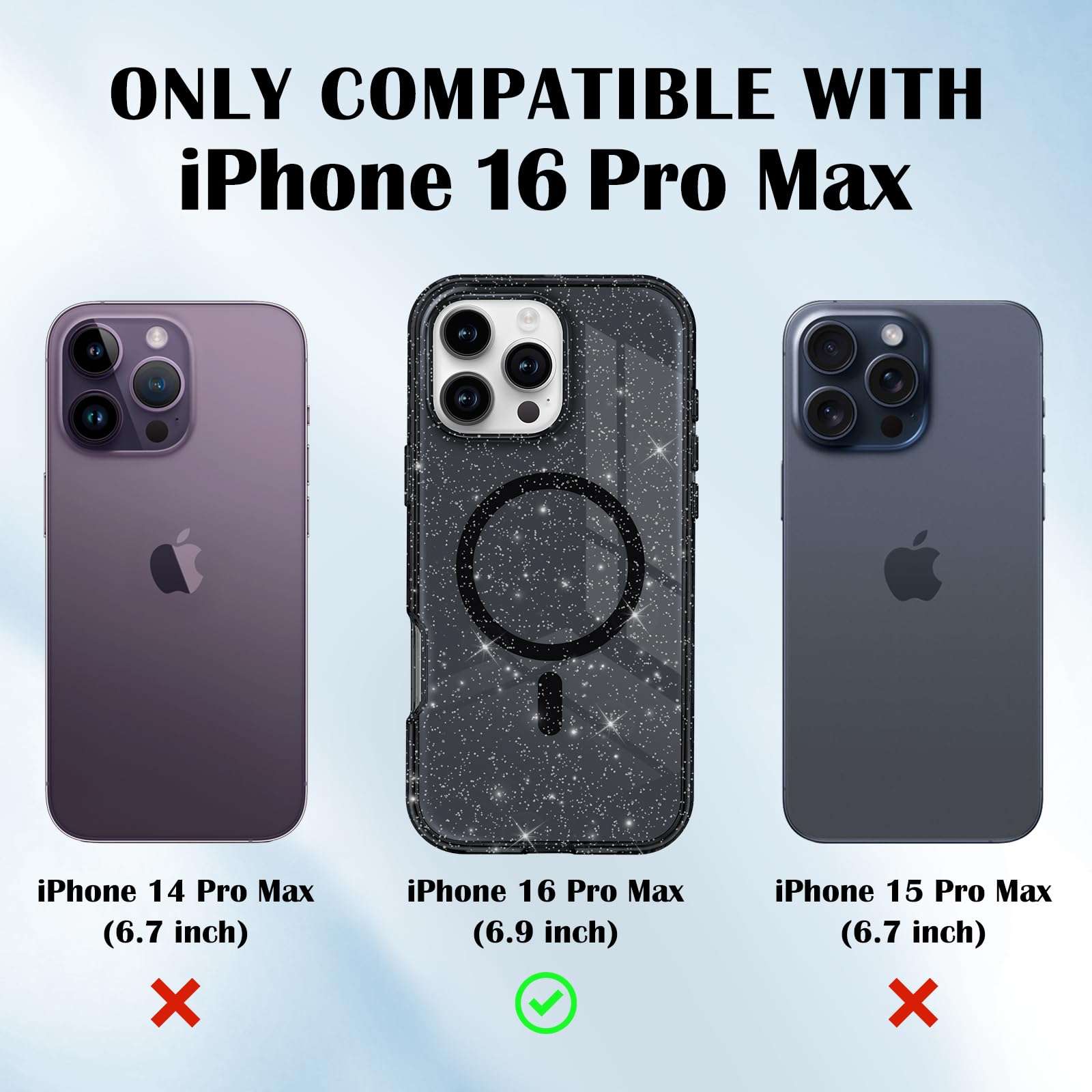 Newseego for iPhone 16 Pro Max Magnetic Case, Luxury Sparkle Bling Glitter Clear Case for Women Girls Men Full Body Drop Protection Bumper Shockproof Cover for iPhone 16 Pro Max-Black 6