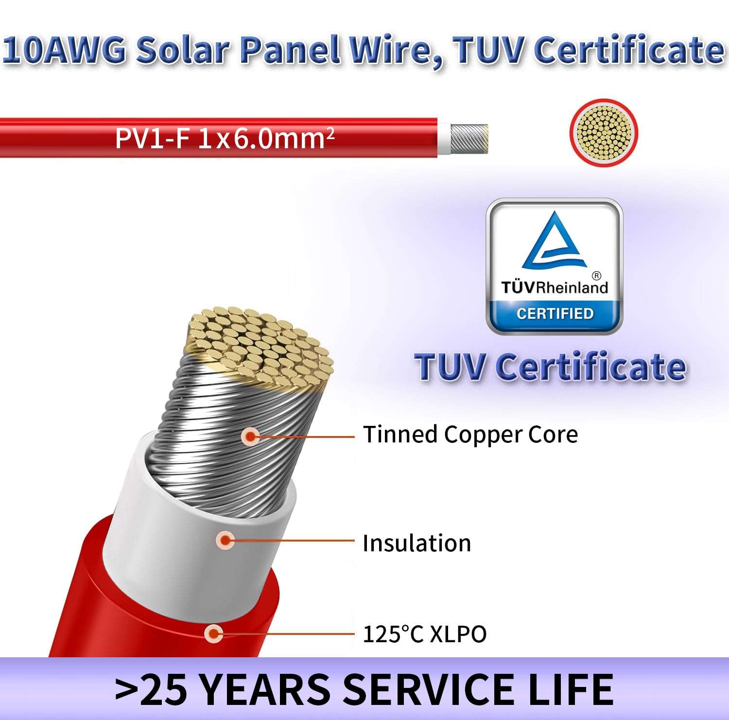 Zhong Hua Jiang Solar Panel Wire, Red Color,50FT 10AWG Tinned Copper Extension Cable for Solar Panel Off Grid Solar System Outdoor Automotive RV Boat 3