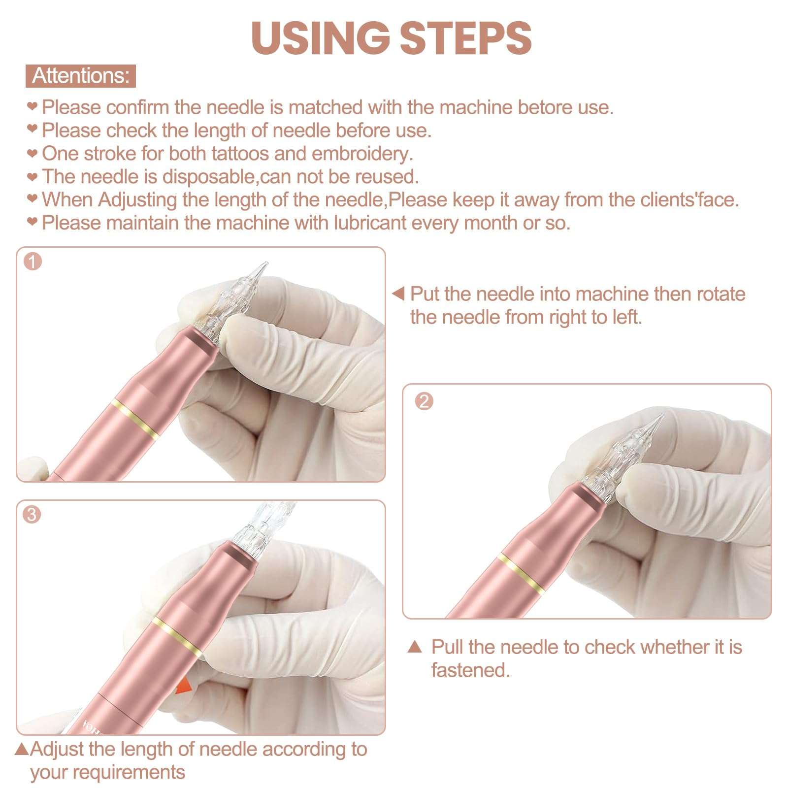 MOKOHOA Permanent Makeup Machine, Machine Kit with MCU Touch Screen and LED Digital Display, 2 Style Rotary Grips for Permanent Makeup and Microshading Supplies Practice（Rose Gold） 6