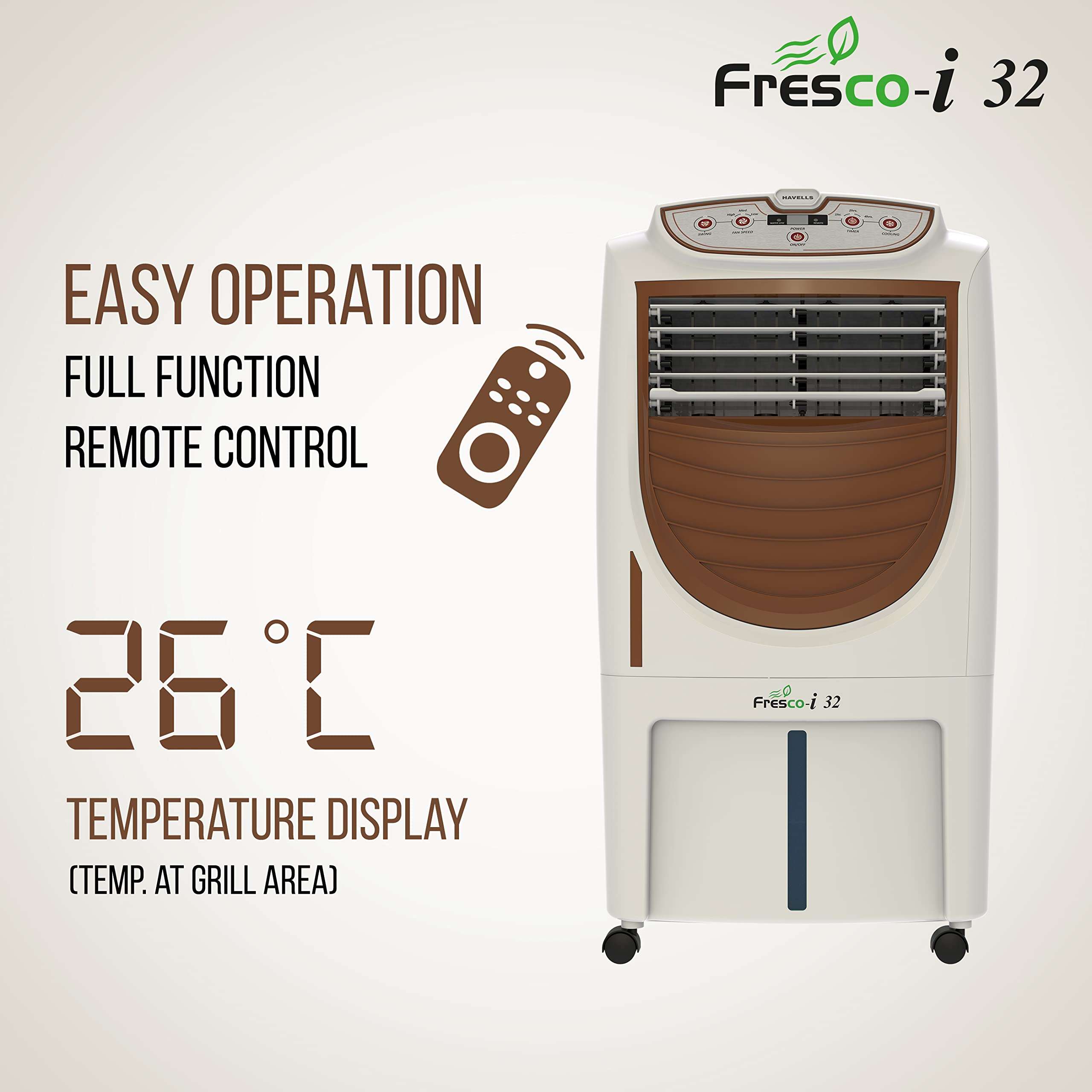 Havells Fresco-i 24L Personal Air Cooler for home | Powerful Air Delivery | High Density Honeycomb Pads | Auto Drain, Humidity Control, Dust Filter Net, Overload Protection | Heavy Duty (White/Brown) 4