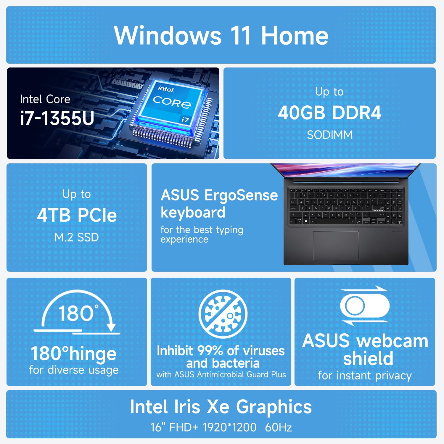 ASUS Vivobook 16 F1605 Laptop, 16" WUXGA (1920 x 1200), Intel i7-1355U, 24GB RAM, 1TB SSD, Bundle with PCO Notebook Folding Radiator, Laptop Cooler 6