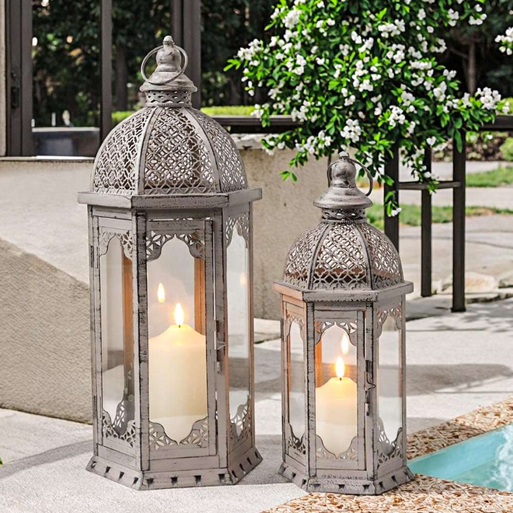 JHY DESIGN Set of 2 Decorative Candle Lanterns 22"&17" H Vintage Metal Candle Holder for Garden Indoor Outdoor Parties Weddings Patio Home Decor(Grey with Black Brush) 6