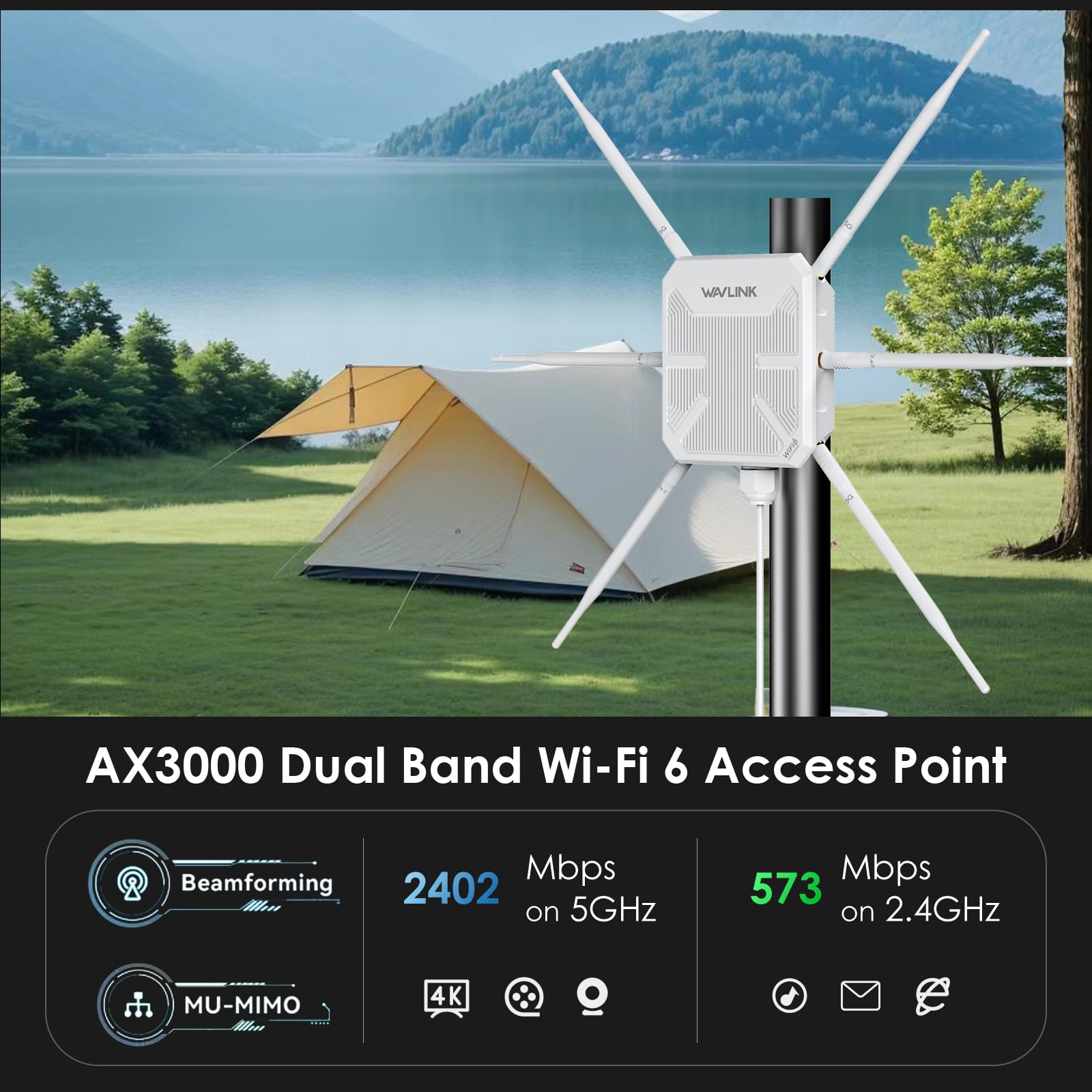 2025 AX3000 Outdoor WiFi 6 Extender, WAVLINK Long-Range WiFi Repeater/Access Point with Dual Band/PoE/IP67 Waterproof/6 x 7dBi Antennas, Supports Up to 256 Devices for Garage, Yard, RV,Farm 3