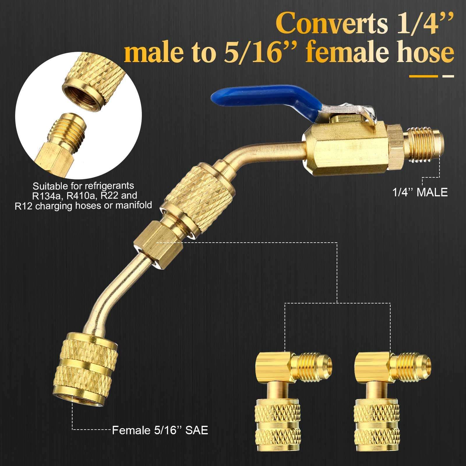 Mudder 7 Pcs Air Conditioning Refrigerant Compact Ball Valve 1/4 Inch for R410A R134A R12 R22 HVAC Adapter 5/16Inch Female to 1/4Inch Male Flare (3 Angle Ball Valve, 4 Right Angle Adapter) 5