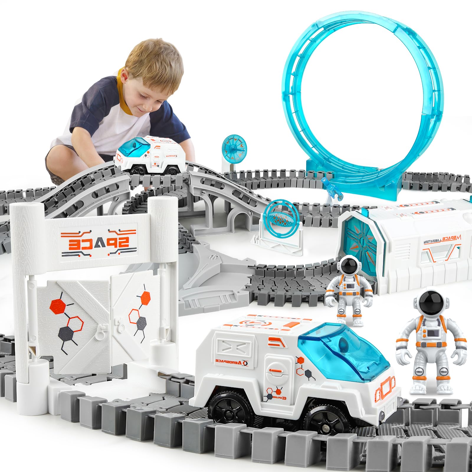 KIZJORYA Space Toy, 205 Pcs Electric Toys for Boys 4-7 with Space Car Station Astronaut Minifigures, DIY Train Set with Changeable Train Tracks, Birthday for Toddlers Kids Girls Age 3 4 5 6 7 8 9 10+