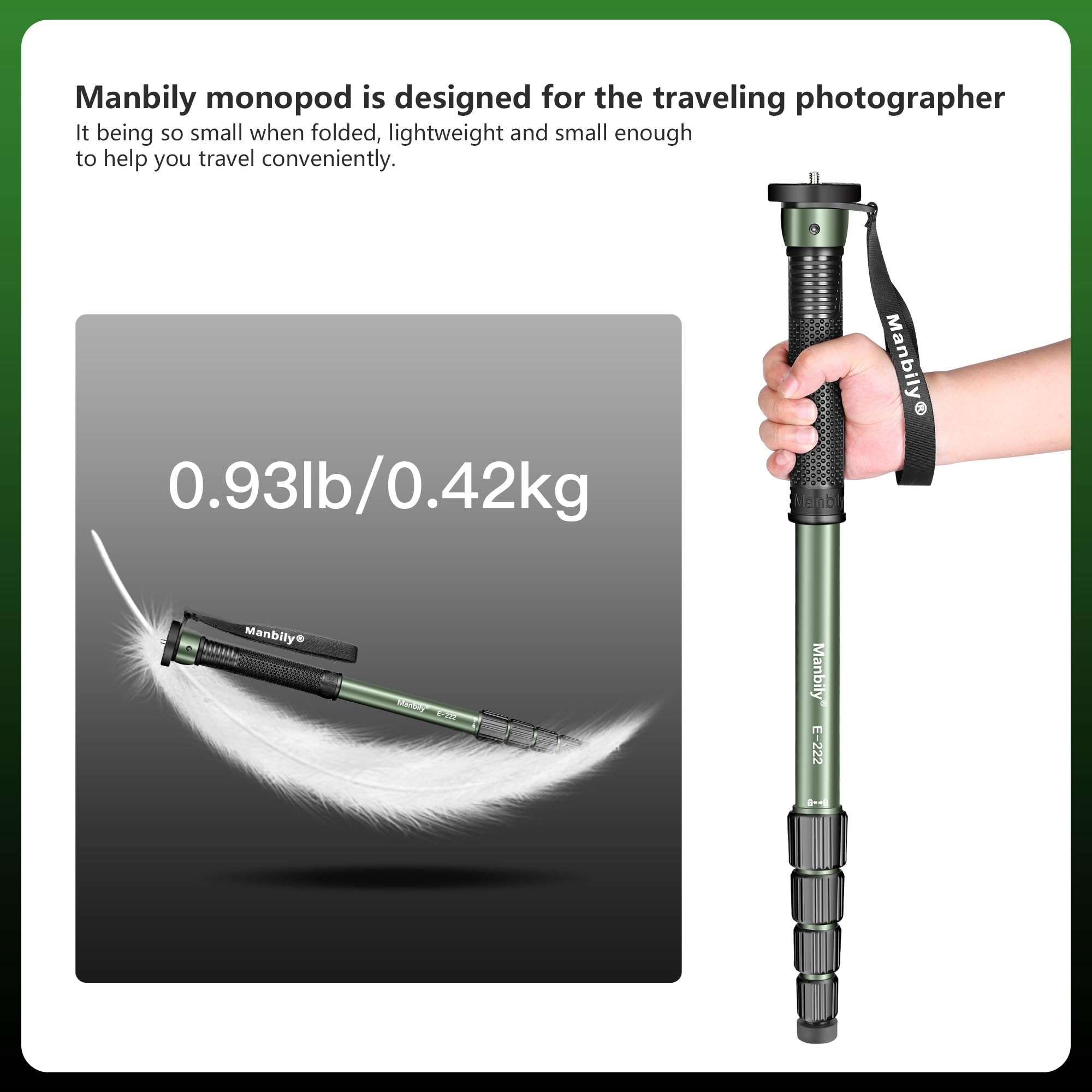 Manbily 65-Inch Camera Monopod, 5 Sections Aluminum Travel Monopod for Canon Nikon Sony DSLR Cameras Video Camcorder, Compact Portable Lightweight（E-222） (Green) 5