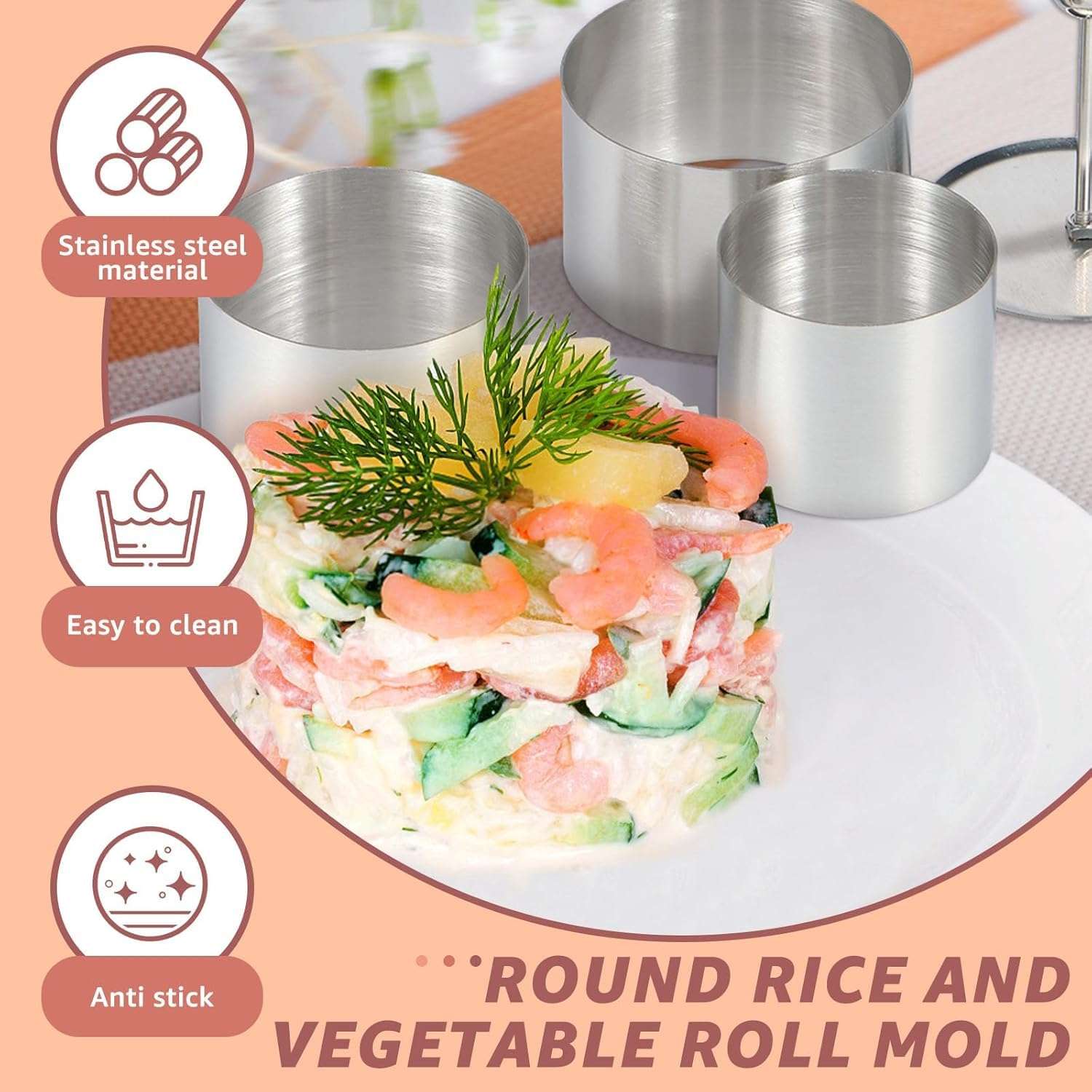 Istara Round Mold 304 Stainless Steel Rice Ball Making Mold, DIY Food Ring Mold, Round Sushi Maker for Home DIY Tart Ring for Baking, Cake Mousse Ring Press Set (1Set of 3Pcs) 5