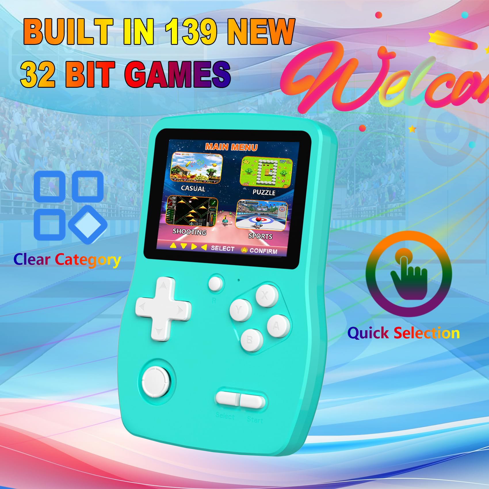 CULAGEiMI 32 Bit Handheld Games for Kids,3.0'' IPS HD Screen and Built in 139 Video Games,Rechargeable Portable Electronic Gaming Player Toys for Ages 4-14,Boys Girls Xmas Birthday Gift (Cyan) 3