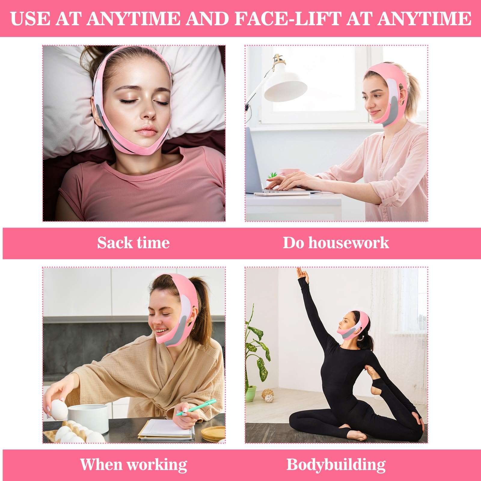 Yuanchu V Line Lifting Mask, Reusable V Line Face Strap V Line Lifting Face Mask Face Lifting Strap Jaw Exerciser Soft Chin Strap for Women(Pink) 6