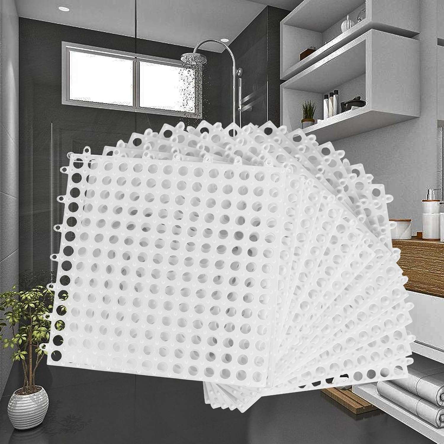 DWITICART 20 Pcs Drainage Interlocking Tiles 12 x 12 Dry Deck Mats Non Slip Shower Floor Tile Soft PVC Splicing Modular Cushion Mat for Wet Areas Bathroom Kitchen Balcony (,White) (Pack of - 20) 6