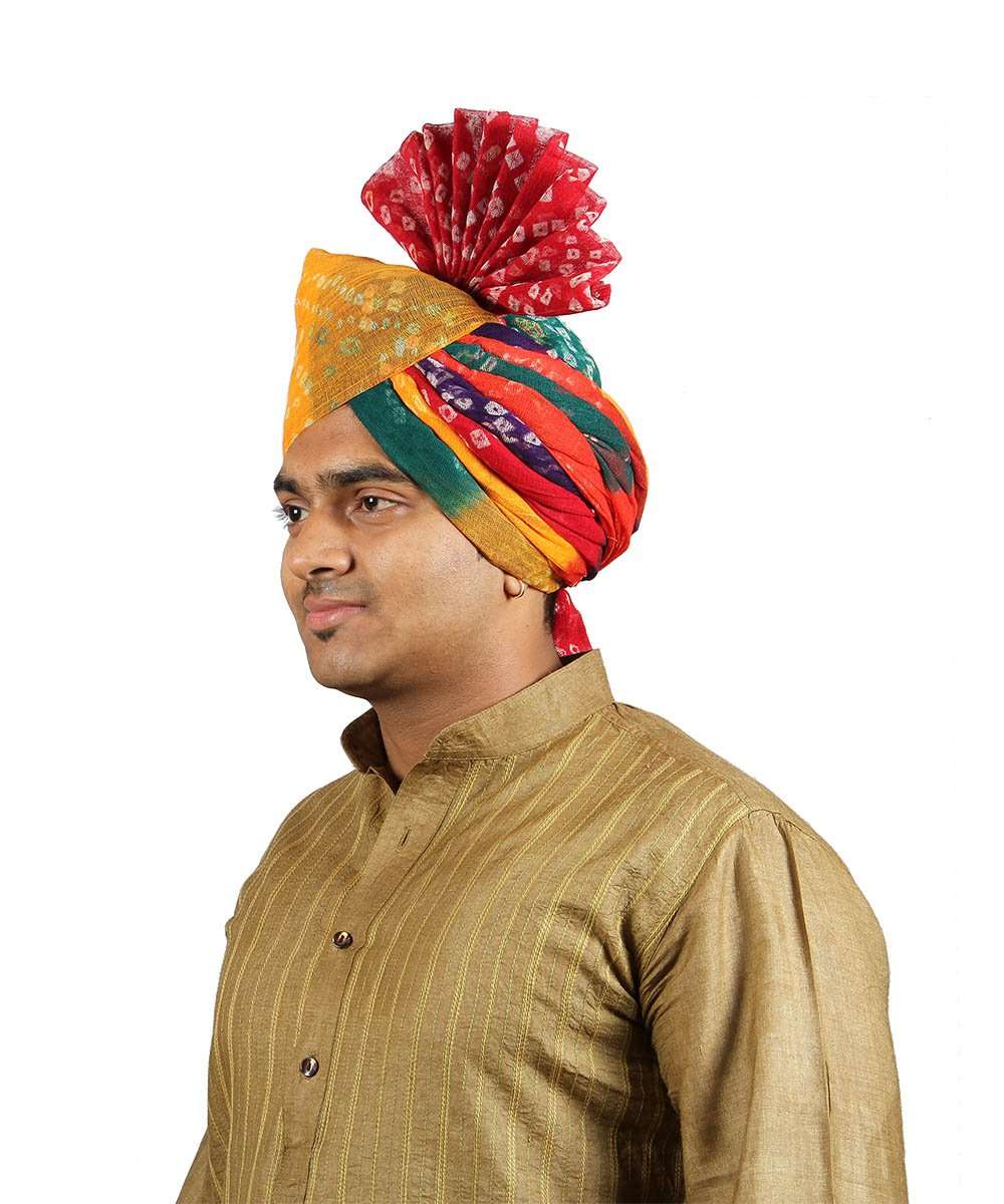 KALAPURI Traditional Handstitched Ready to Wear Panchrangi Jodhpuri Bandhej Cotton Pheta (Turban Safa) for Men for Wedding/Marriage and Traditional Function in 21 Inches 3