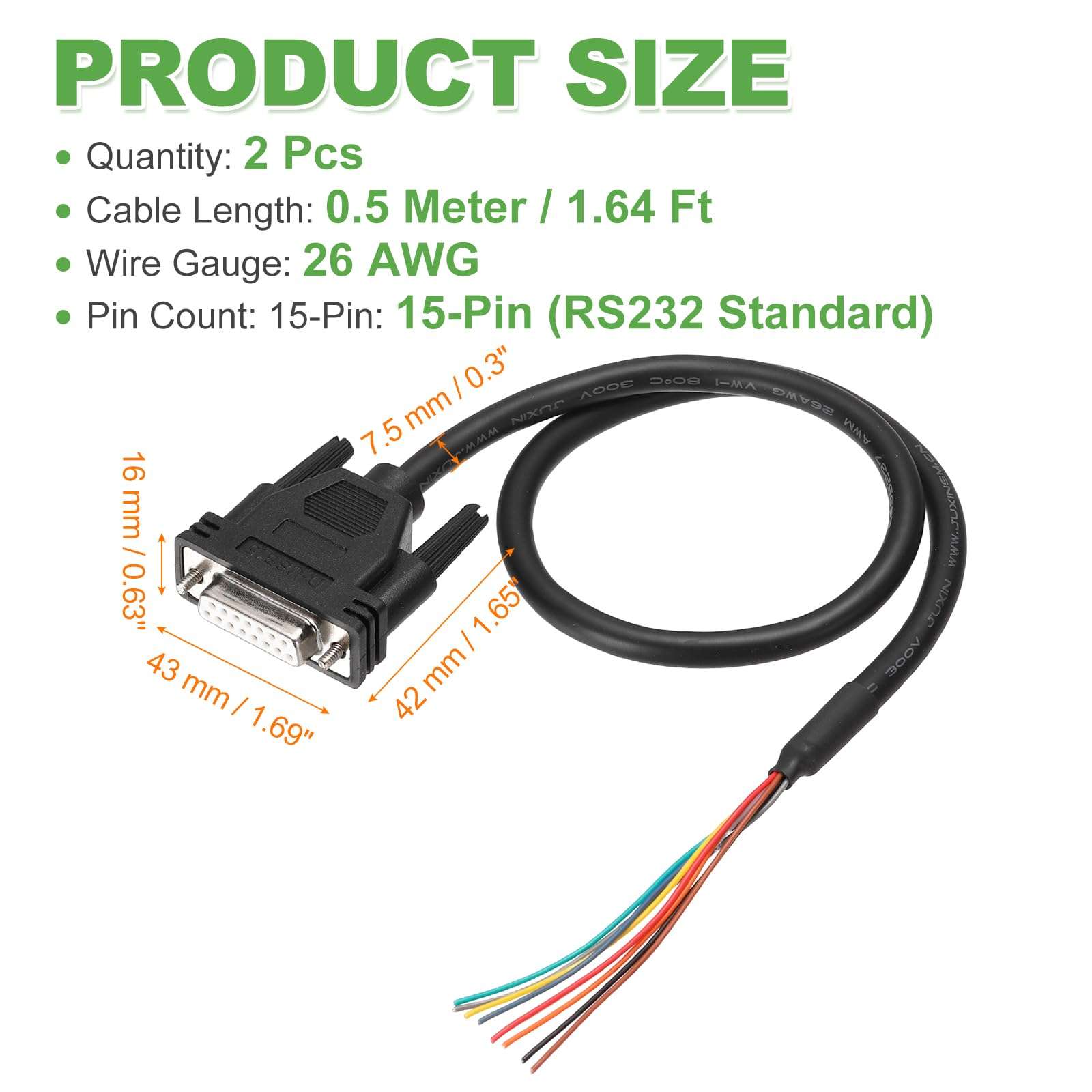 PATIKIL 2 Pcs 1.6 ft 26AWG DB15 Female Connector to Bare Wire END RS232 15-Pin Serial Extension Cable Double Shielded Gold Plated Female Connector, Black 3