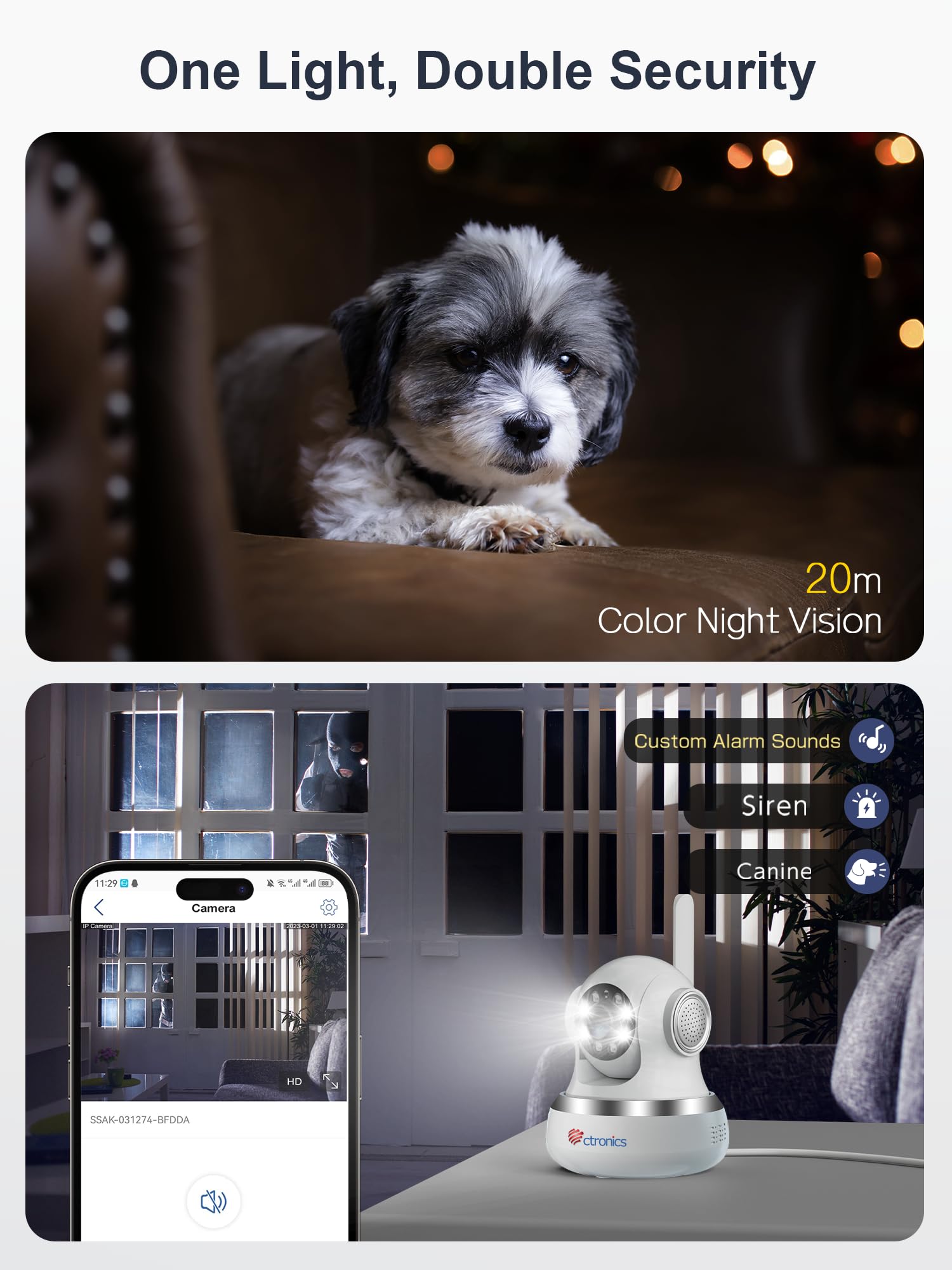 Ctronics 4K Security Camera Indoor, Dual-Band Wi-Fi, AI Human/Pet Detection with Auto Tracking, 20m Full-Color Night Vision, Sound & Light Alarm, 8 Preset Positions, App & PC 5