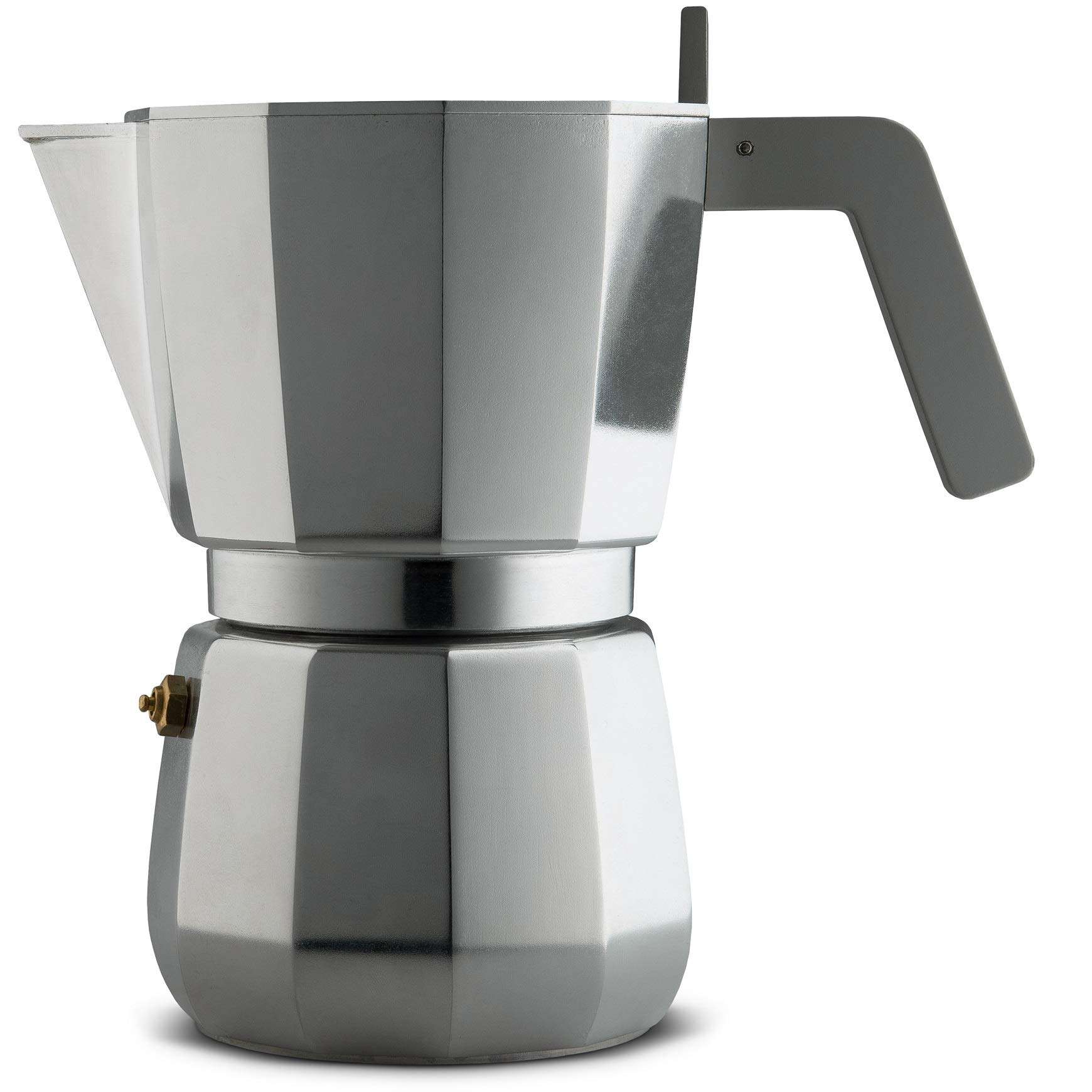 Moka, Espresso coffee maker in aluminium casting. Handle and knob in PA, grey. Magnetic steel bottom suitable for induction cooking. Filter for American coffee included. 9 cups. 1