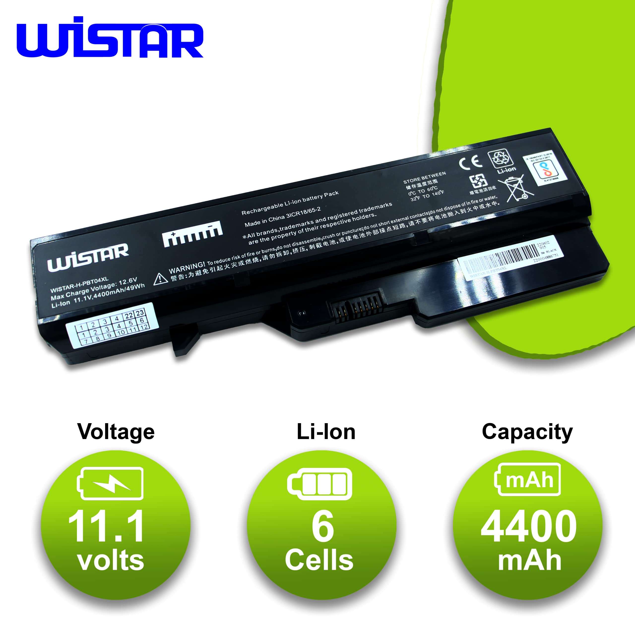 WISTAR Battery for Lenovo V570 G560 B570 IdeaPad Z470 Z560 Z565 Z570 Z575 L09S6Y02 L09M6Y02 L09L6Y02 G460 G565 V360 L09C6Y02 L10P6Y22 L10C6Y02 57Y6454 [6 Cells/4400mAh 4