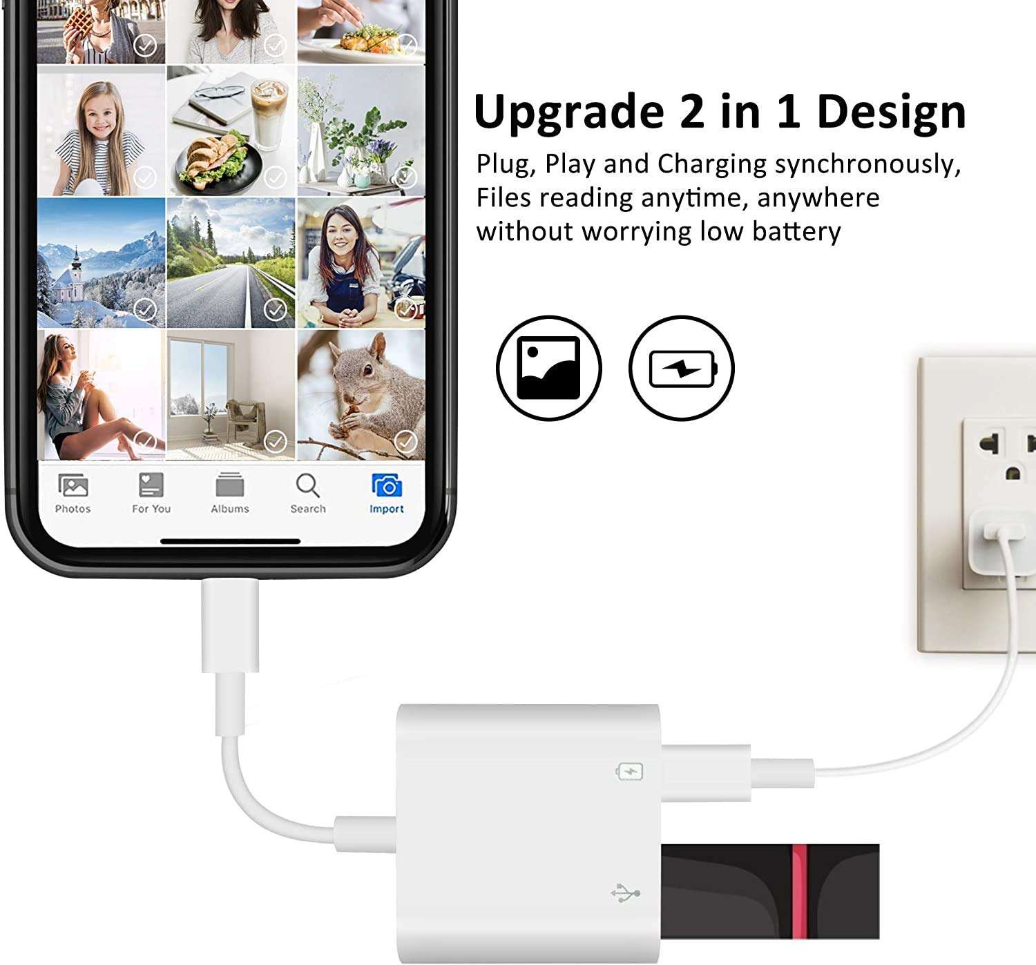 [Apple MFi Certified] Lightning to USB Camera Adapter for iPhone, OTG Adapter With Fast Charging Port, Compatible With iPhone/iPad/Card Reader/Flash Drive/Keyboard/Mouse - Plug and Play 2