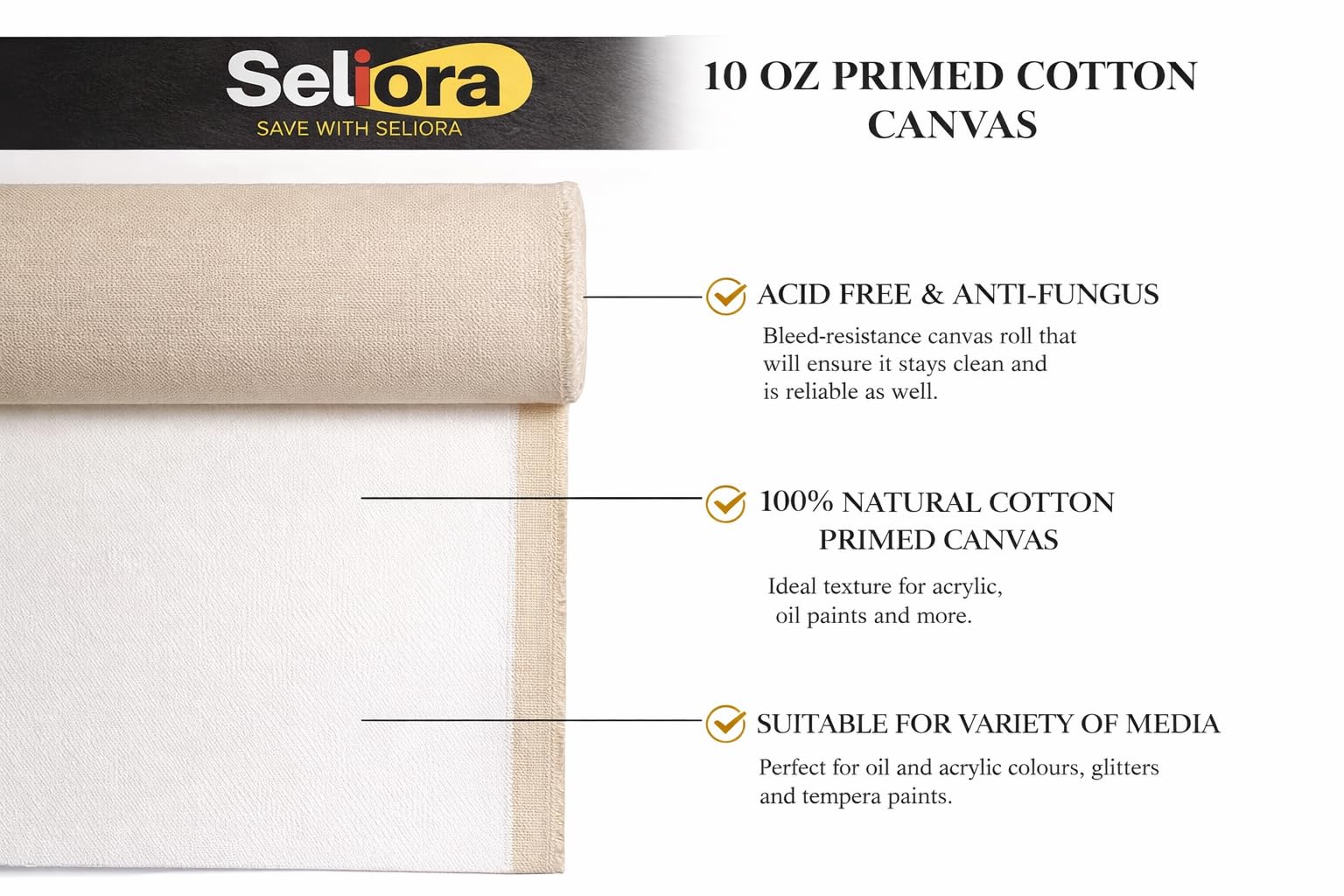 Seliora™ Premium Cotton Canvas Roll for Painting, "Artist" Series (24” inch x 5 Meter) White, Medium Grain Double-Primed Artist Canvas Roll for Oil, Acrylic & Alkyd (24" x 5 Mtr) 5